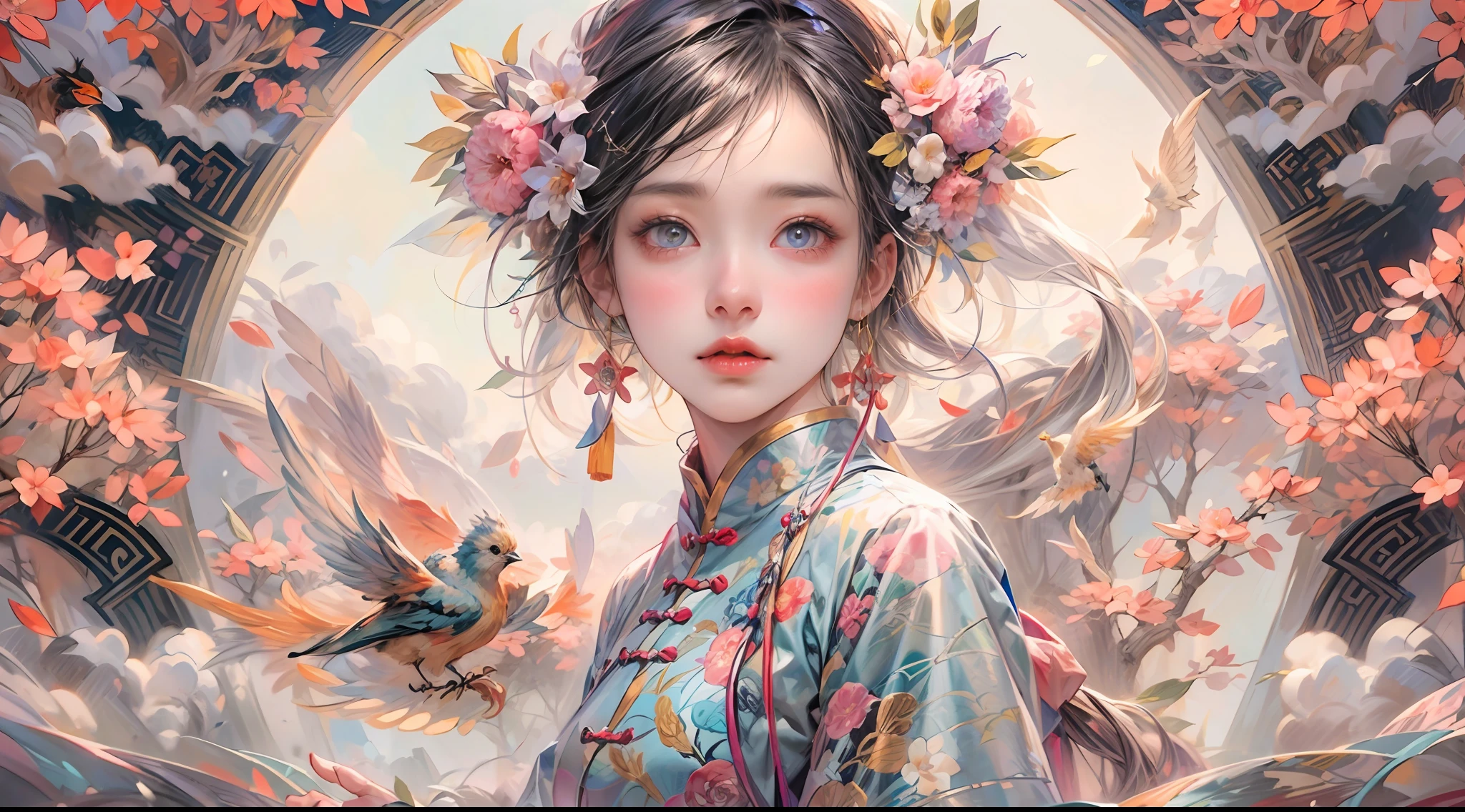 a mural of chinese girl,beautiful eyes,dance,full body,Chinese mythology,flower,auspicious clouds,tree,bird,off-color,lococo,(high quality,extremely detailed,8k:1.5)