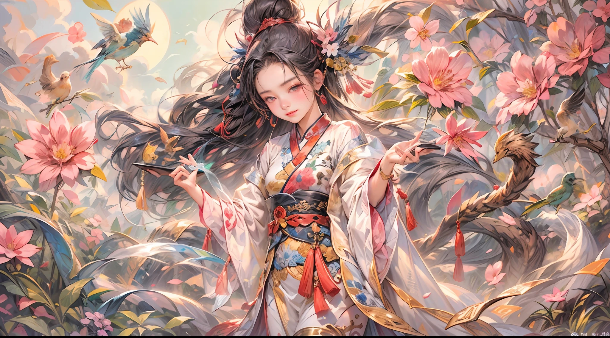 a mural of chinese girl,beautiful eyes,dance,full body,Chinese mythology,flower,auspicious clouds,tree,bird,off-color,lococo,（high quality，extremely detailed，8k：1.5）