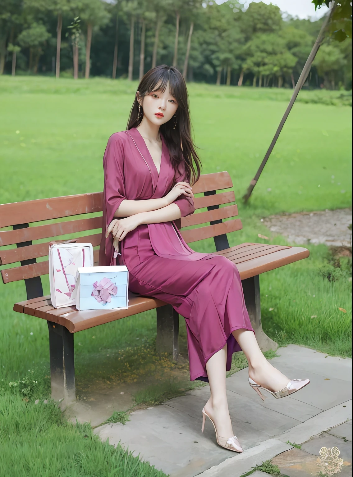 The woman sits on a bench，Hold your wallet and phone, Women's long skirt, soft silk dress, in long pink or violet dresses, Long dress, with a thin waist, beautiful soft silky dress, korean women's fashion model, Elegant dress, Chinese dress, Femme, wearing fuchsia silk robe, dressed with long fluent clothes, with acient chinese clothes, woman model