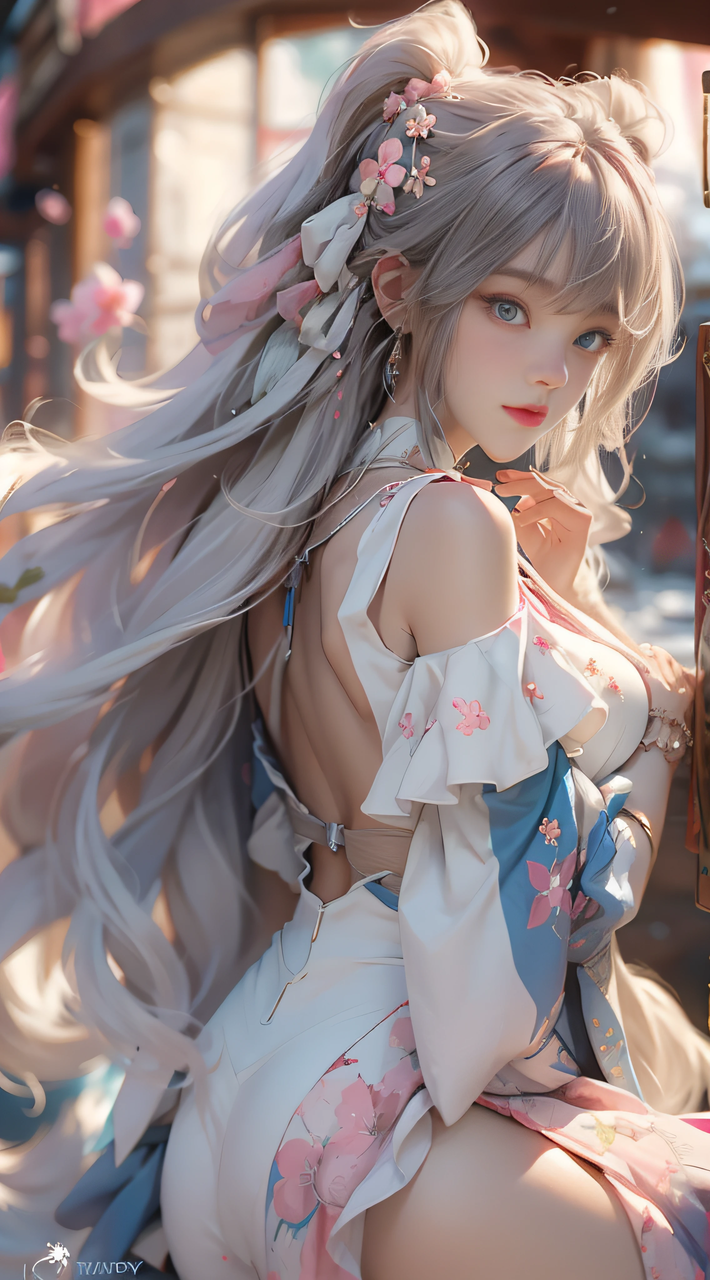 （（best qualtiy））， （（tmasterpiece））， （detail：1.4）， Beautiful cyberpunk female images，hdr（HighDynamicRange），Ray traching，NVIDIA RTX，Hyper-Resolution，illusory 5，sub surface scattering，PBR textures，post-proces，Anisotropy Filtering，depth of fields，maximum definition and sharpness，Many-Layer Textures，Albedo e mapas Speculares，Surface coloring，Mitsu-Accurate simulation of material interactions，perfectly proportioned，rendering by octane，Two-colored light，largeaperture，Low ISO，White balance，Rule three points、8K raw data、Beautiful bright blue pupils，off-the-shoulder clothes，Fine pupils，Delicate face and eyes，long eyelasher，Blushlush，Delicate and fluffy hair，pink lip，Pure，Cute face，Sweet girl，Artistic sense，Casual wear，Advancedsense，butterflys，Cherry blossom petal，Beautiful hair accessories，Long hair and waist，Hair fluttering in the wind，Snow-white fox ears，curlies，Snow-white fluffy tail，Positive light，The light from the back window is backlighted