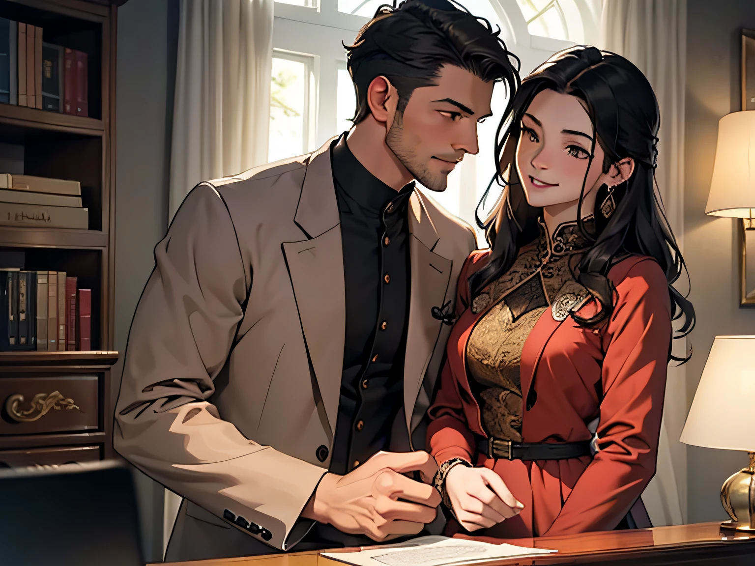 Master, masterpiece, 8K wallpaper, CG, super high picture quality, light and shadow effects
(A handsome man in a brown suit with short black hair) holding (an elegant woman in a pale pink full-length dress with long black hair) : 1.6
Face close-up, happy and happy: 1.5
Close-up display
Deluxe Villa, Room, desk, double bed, dresser