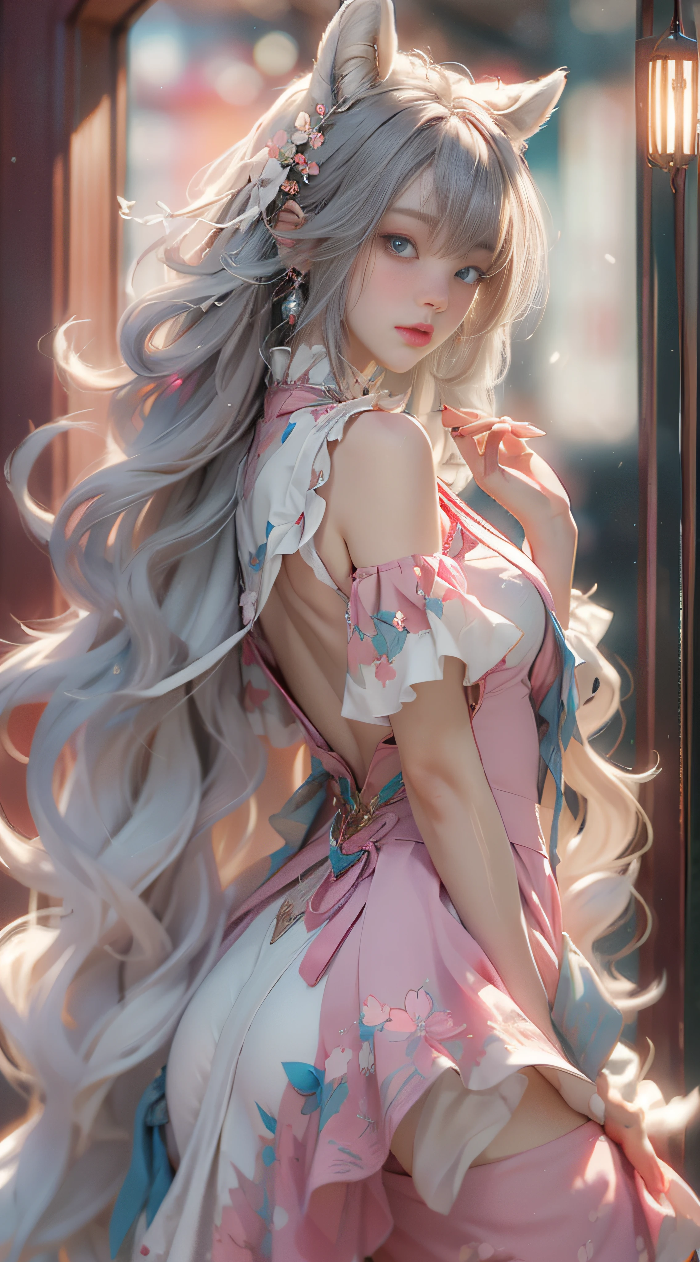 （（best qualtiy））， （（tmasterpiece））， （detail：1.4）， Beautiful cyberpunk female images，hdr（HighDynamicRange），Ray traching，NVIDIA RTX，Hyper-Resolution，illusory 5，sub surface scattering，PBR textures，post-proces，Anisotropy Filtering，depth of fields，maximum definition and sharpness，Many-Layer Textures，Albedo e mapas Speculares，Surface coloring，Mitsu-Accurate simulation of material interactions，perfectly proportioned，rendering by octane，Two-colored light，largeaperture，Low ISO，White balance，Rule three points、8K raw data、Beautiful bright blue pupils，off-the-shoulder clothes，Fine pupils，Delicate face and eyes，long eyelasher，Blushlush，Delicate and fluffy hair，pink lip，Pure，Cute face，Sweet girl，Artistic sense，Casual wear，Advancedsense，butterflys，Cherry blossom petal，Beautiful hair accessories，Long hair and waist，Hair fluttering in the wind，Snow-white fox ears，curlies，Snow-white fluffy tail，Positive light，The light from the back window is backlighted
