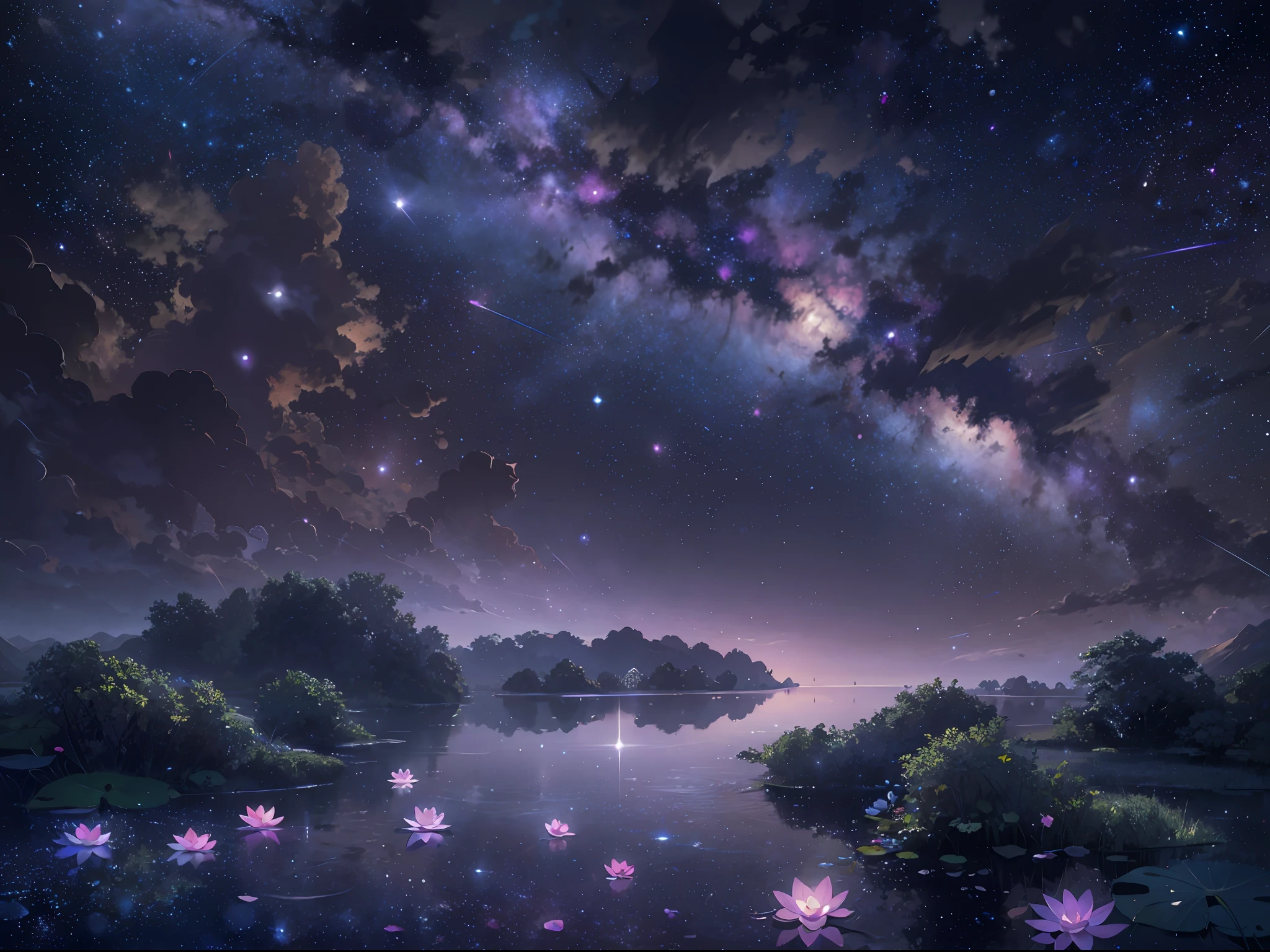 Ridiculous resolution, A high resolution, (masterpiece:1.4), ultra - detailed,,The purple Milky Way and a sky full of stars , Lotus flowers under the stars,Upside-down space, afloat,The viewing angle is diagonally downward