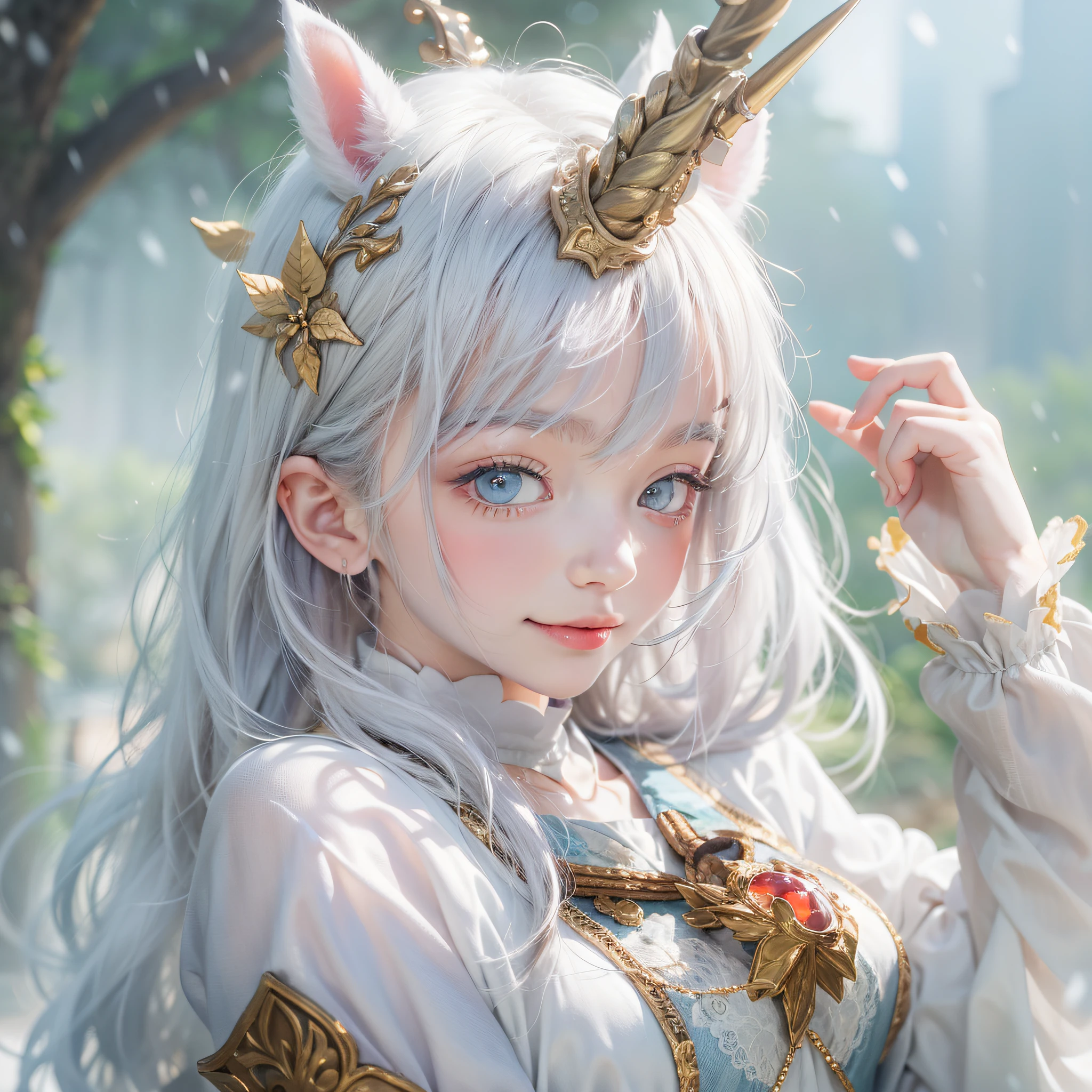 top-quality, ​masterpiece, high-level image quality, 1 girl in、（Unicorn horns from the forehead）、snow-white hair、a beauty girl、sixteen years old、a picture, hight resolution, 4K, 8K, Society Sisters、Monastic cap、Monastic uniforms、Hold the wand、Looking at the camera、A smile、great outdoors