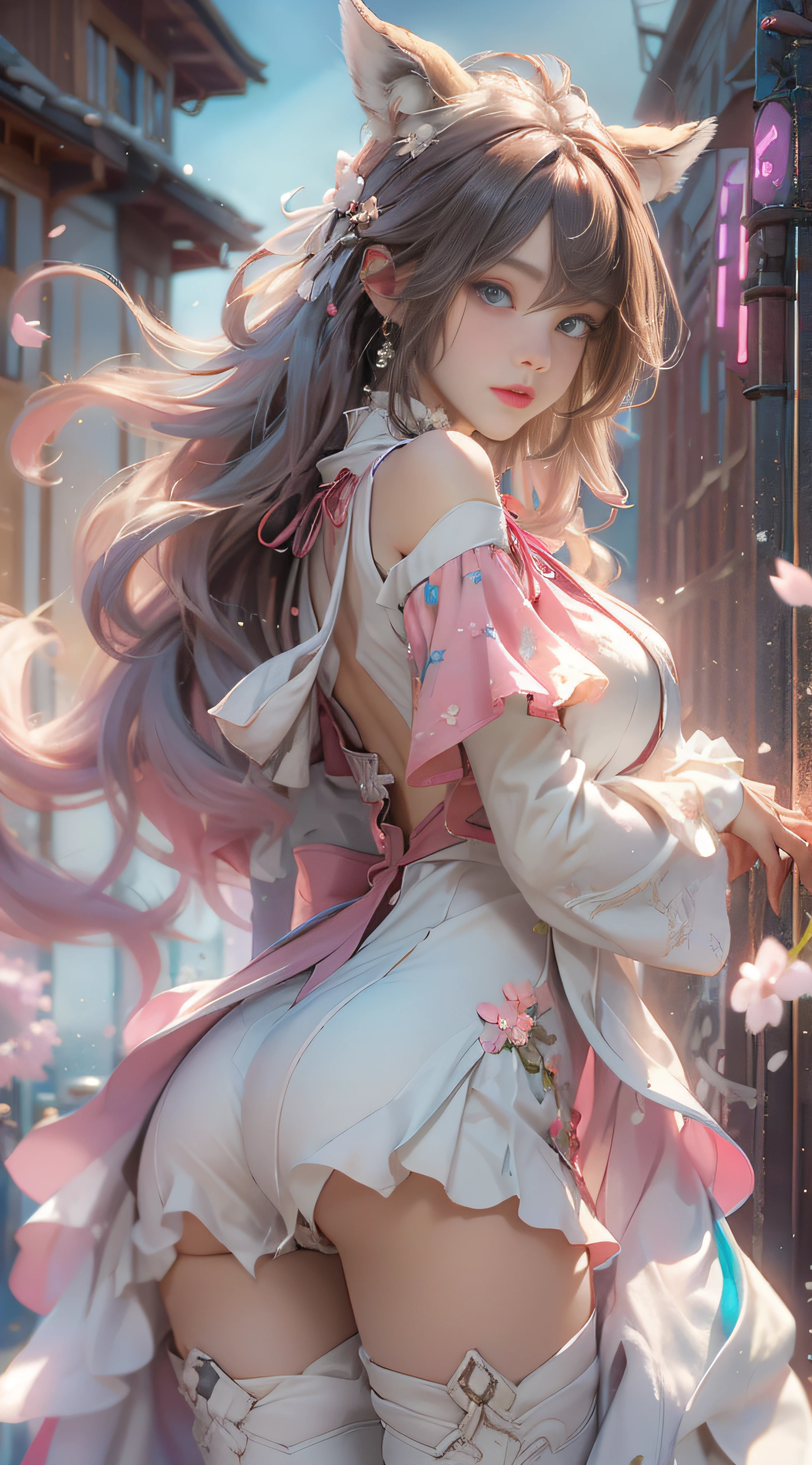 ((best qualtiy)), ((tmasterpiece)), (detail:1.4), Beautiful cyberpunk female images,hdr(HighDynamicRange),Ray traching,NVIDIA RTX,Hyper-Resolution,illusory 5,sub surface scattering,PBR textures,post-proces,Anisotropy Filtering,depth of fields,maximum definition and sharpness,Many-Layer Textures,Albedo e mapas Speculares,Surface coloring,Mitsu-Accurate simulation of material interactions,perfectly proportioned,rendering by octane,Two-colored light,largeaperture,Low ISO,White balance,Rule three points、8K raw data、Beautiful bright blue pupils,off-the-shoulder clothes,Fine pupils,Delicate face and eyes,long eyelasher,Blushlush,Delicate and fluffy hair,pink lip,Pure,Cute face,Sweet girl,Artistic sense,Casual wear,Advancedsense,butterflys,Cherry blossom petal,Beautiful hair accessories,Long hair and waist,Hair fluttering in the wind,Snow-white fox ears,curlies,Snow-white fluffy tail,Positive light,The light from the back window is backlighted