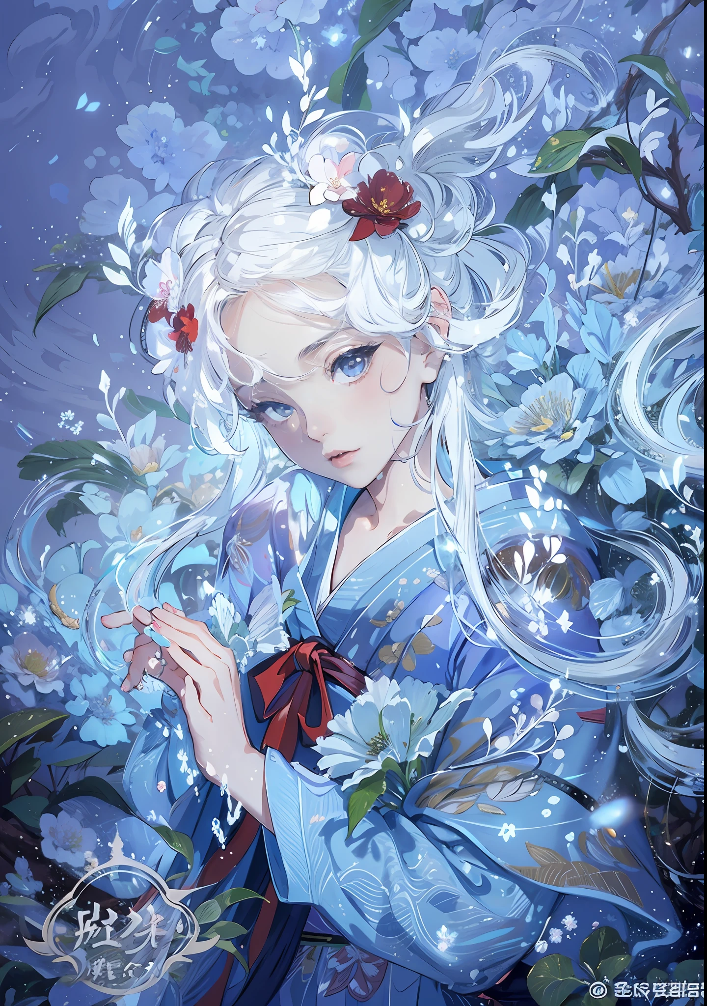 1girl, breasts, moon, lantern, night, solo, large breasts, hair ornament, wet, kimono, japanese clothes, wading, water, hair flower, flower, outdoors, sky, full moon, rain, black hair, off shoulder, mountain, cloud, holding, sash, bare shoulders, paper lantern, standing, white kimono, night sky, sideboob, obi, wet clothes, bangs, tree, from side, reflection, short hair, cloudy sky, wet hair (((masterpiece),(extremely detailed CG unity 8k wallpaper),best quality,,solo,1girl,cinematic lighting,detailed background,beautiful detailed eyes,bright pupils, (an extremely delicate and beautiful),(Beautiful and detailed eye description)， ultra-detailed,masterpiece,)),