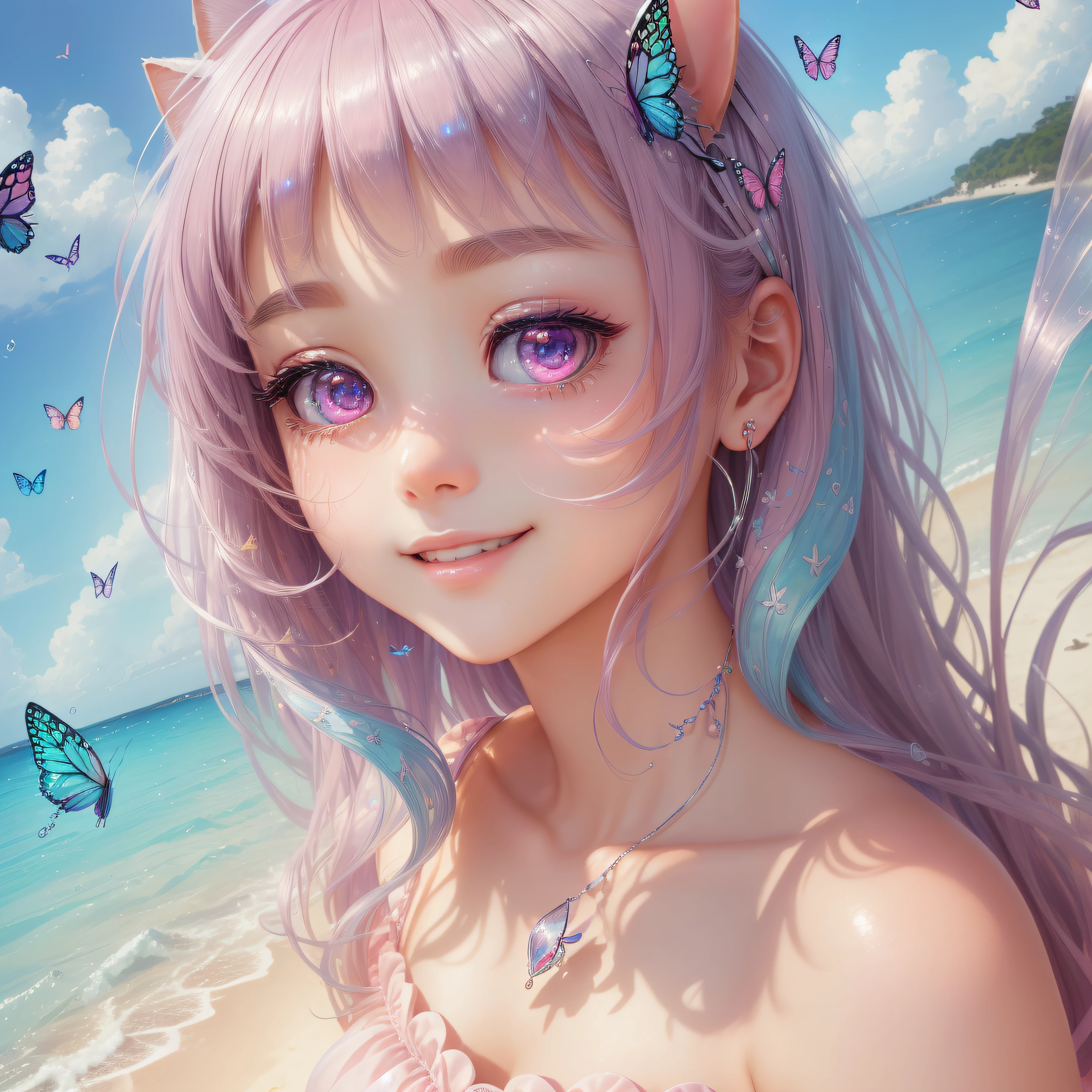 Close up of a smile with the corners of the mouth raised、Close up of a smile with the corners of the mouth raised、Close up of a smile with the corners of the mouth raised、close up of face、close up of face、close up of face、round and clear eyes、Shining eyes、Shining eyes、Beautiful 22 year old woman、dreamlikeart、Highly detailed airbrush art(((Surreal))、intricate detailes、Volumetric lighting、(masterpiece:1.2)、(top-quality)、(The ultra-detailliert)、(The composition of the movement:1.4)、Highly detailed colorful details、(Irridescent color:1.2)、(Bright lighting)、dream-like、Magical、dynamic compositions、Ray traching、The mirror reflects light、Shallow depth of field、ultra-detailliert、mixing exposure、nffsw、Super masterpiece、vivd colour、colourfull、One woman's face、(Cute cat in clothes)、Anthropomorphic representation、Rich colors、exquisitedetails、(masutepiece,Best Quality:1.5), (butterflys,Exquisite butterflies,Ultra CG), (High resolution:1.5)、(Big eyes、Iridescent eyes、Shining eyes、Eye Gloss)(Smile with the corners of your mouth raised、Open mouth、lipgloss)、(bangss、Silver-pink hair)、The beach is covered with colorful and transparent smooth stones:1.5、Orange in the sky、pink there、Absolutely enchanting sunset on the beach mixed with yellow。The water is crystal clear、White sand beach stretches out as far as the eye can see。It's a dynamic and breathtaking scene。Enjoy the calm atmosphere、