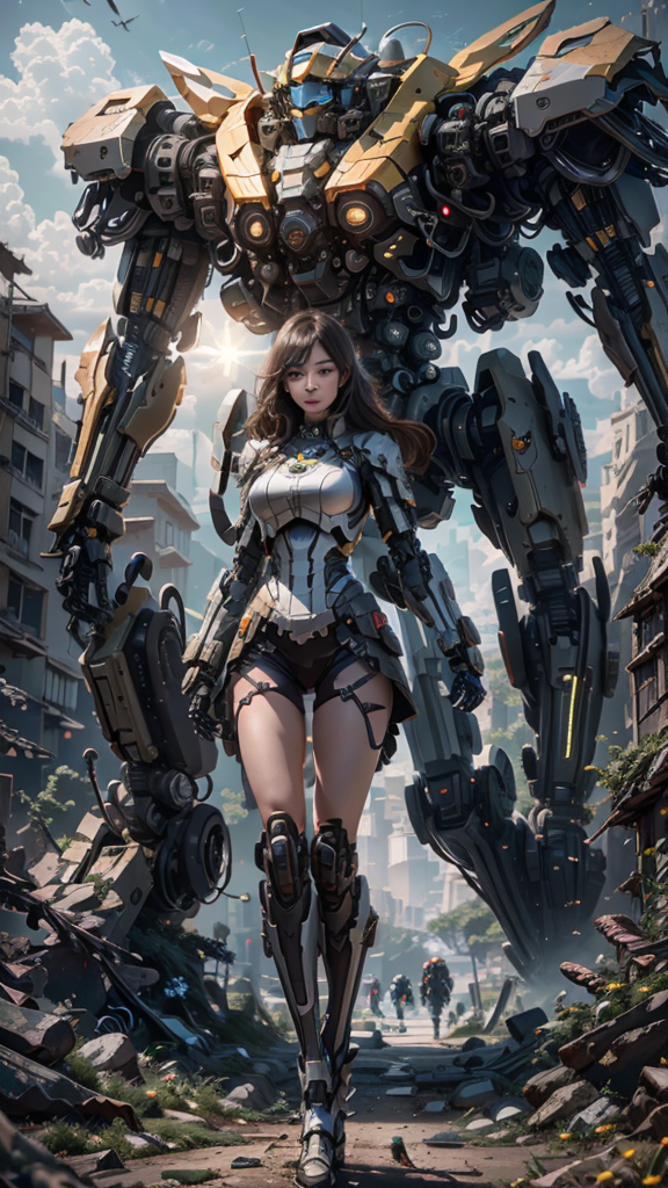 ((Best Quality)), ((Masterpiece)), (Very Detailed:1.3), 3D, Shitu-mecha, Beautiful cyberpunk woman with her black mech in the ruins of a city in the forgotten war, Ancient technology, HDR (High Dynamic Range), ray tracing, NVIDIA RTX, Super Resolution, Unreal 5, Subsurface scattering, PBR texture, Post-processing, Anisotropic filtering, Depth of field, Maximum sharpness and sharpness, Multilayer texture, Albedo and highlight maps, Surface shading, Accurate simulation of light-material interactions, perfect proportions, octane rendering, duotone lighting, low ISO, white balance, rule of thirds, wide aperture, 8K RAW, efficient sub-pixels, subpixel convolution, luminescent particles, light scattering, Tyndall effect