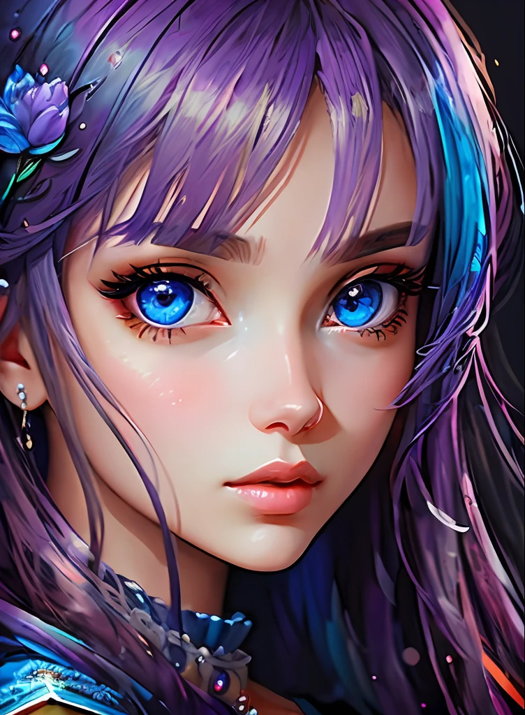 ((top-quality)), ((masterpiece)), ((realisitic)), (detaileds),anime styled、 (1人の女性)Close up portrait of a woman with purple hair、Beautiful shining eyes, Like crystal clear glass、Casual clothing、4K high-definition digital art、stunning digital illustration、Stunning 8K artwork、colorfull digital fantasy art、Colorful and bright、beautiful digital works of art、Colorful Digital Painting、digital anime art、Portrait of beautiful woman、8K HD Digital Wallpaper Art、 Gorgeous Digital Painting