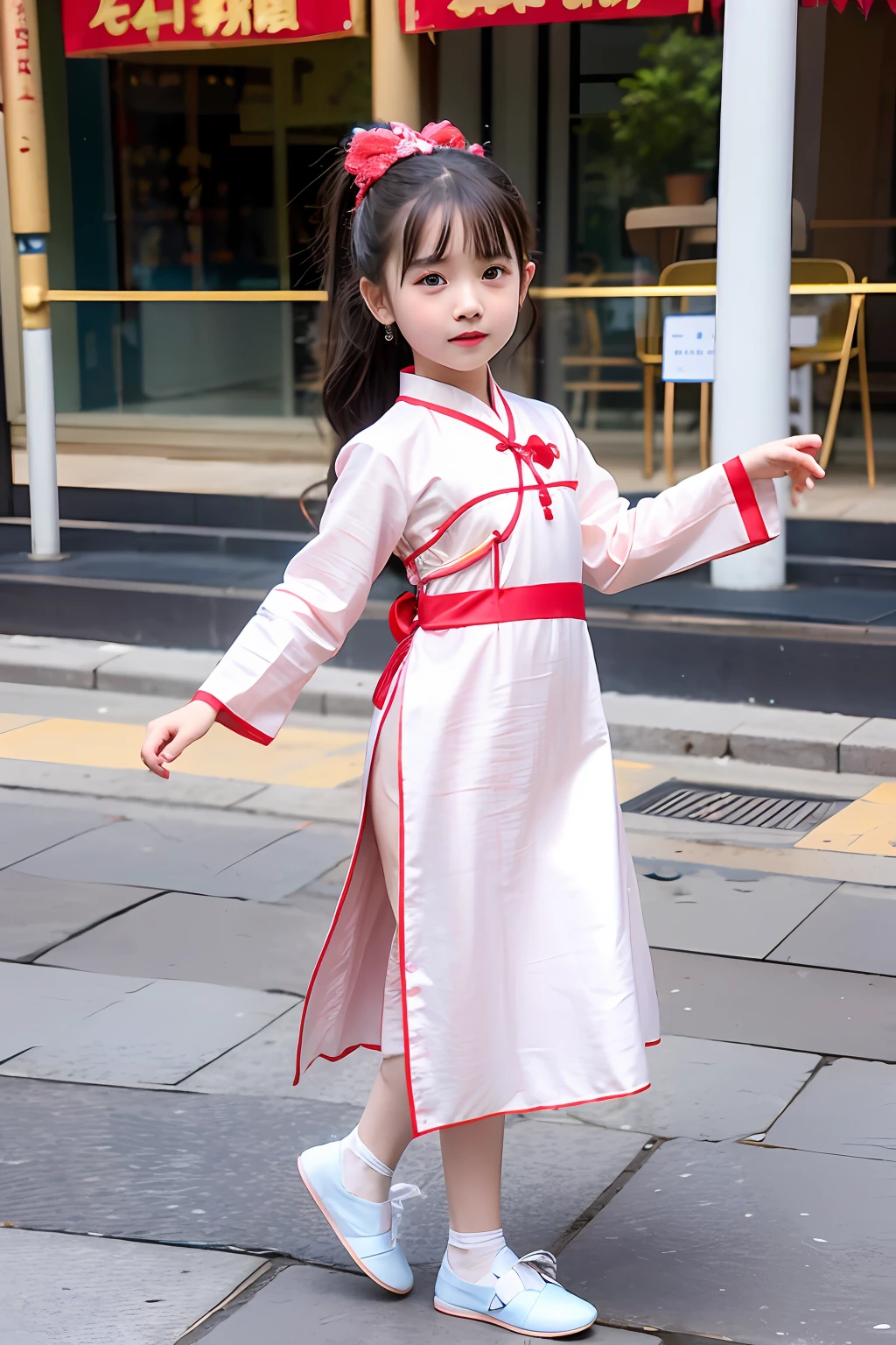 there is a girl in a dress dancing on the sidewalk, with acient chinese clothes, she is dancing, palace , a girl in hanfu, chinese costume, chinese ribbon dance, wearing ancient chinese clothes, traditional chinese clothing, as though she is dancing, traditional tai costume, twirling, chinese style, chinese girl, traditional chinese, dressed with long fluent clothes