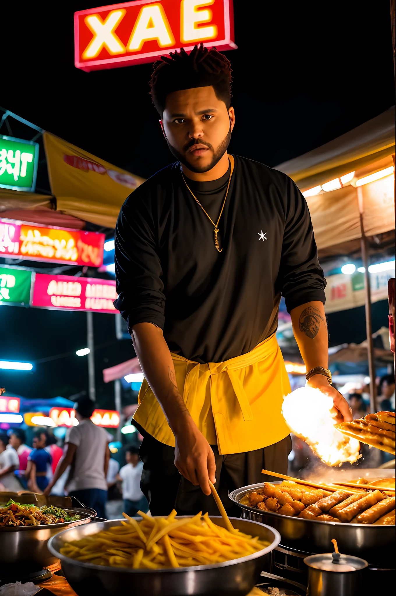 "Hyper-realistic depiction of theweeknd selling street food at a vibrant night market in Cambodia. Shot with a Fujifilm XT3 camera using a 35mm lens at f/1.8 aperture. The scene is filled with vivid colors, capturing the essence of the bustling atmosphere. Output aspect ratio is set to 16:9."