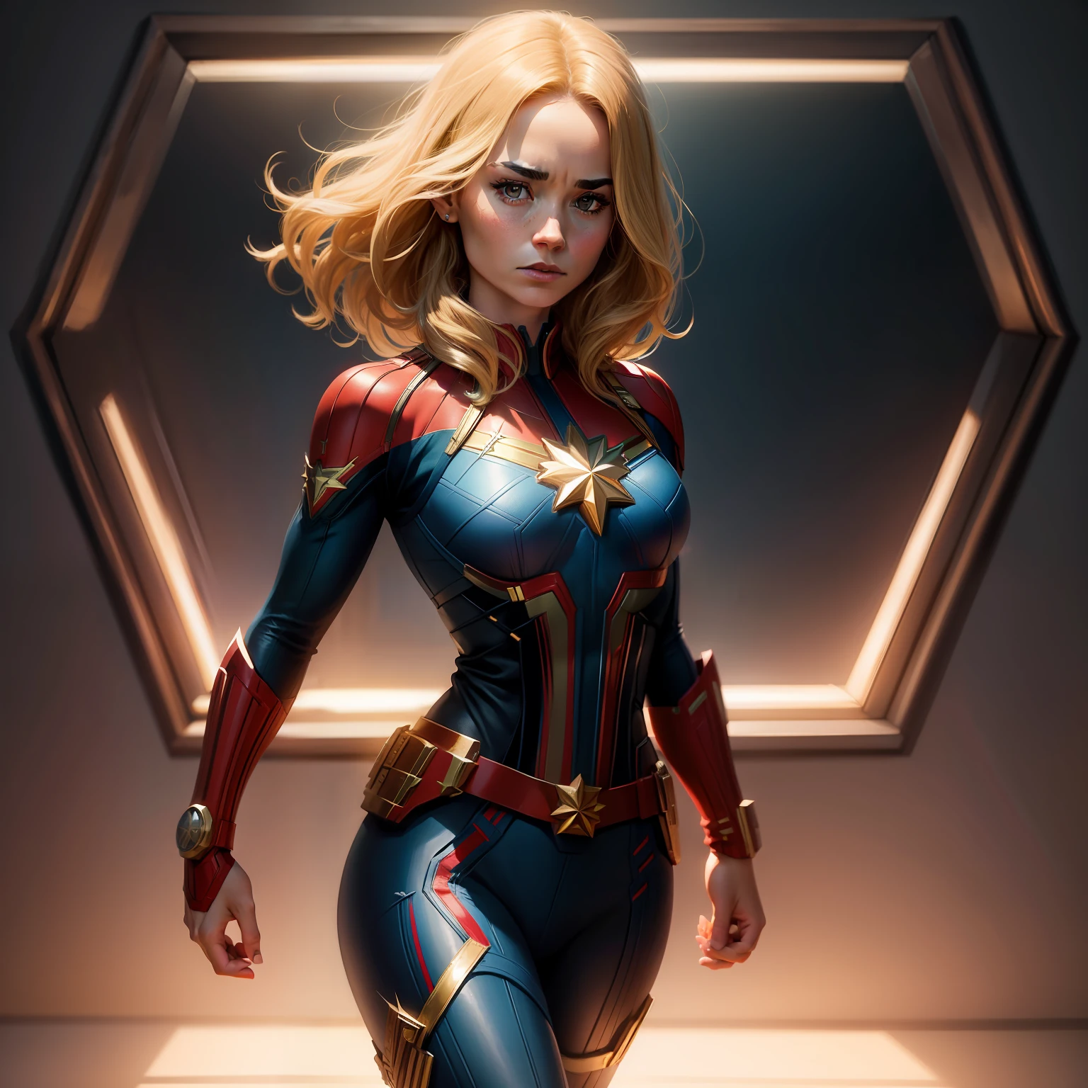 brie larson, medium hair, full body portrait, wearing captain marvel outfit, sexy, cleavage, breasts showing