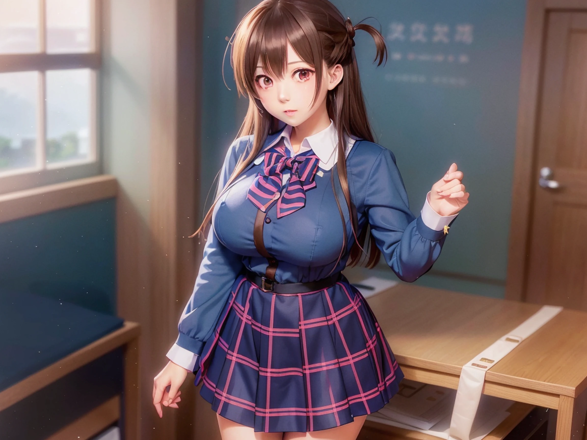 Anime girl in blue dress standing in room with desk, Realistic Schoolgirl, visual novel cg, a hyperrealistic schoolgirl, a hyperrealistic schoolgirl, Big breasts!, (SFW) safe for work, ; visual novel, Seductive Anime Girl, Smooth Anime CG Art, Big breasts!!, with a big chest, Kantai Collection Style