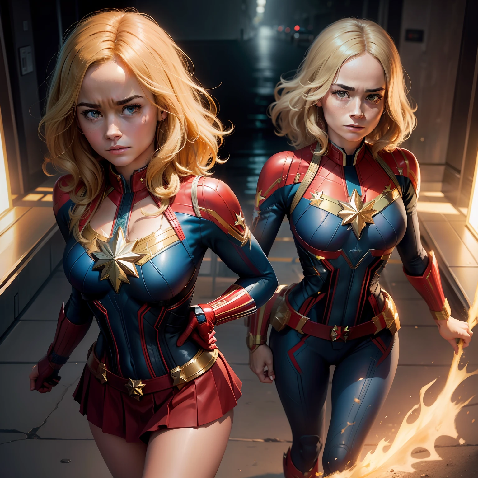 brie larson, medium hair, full body portrait, wearing captain marvel outfit, sexy, cleavage, breasts showing