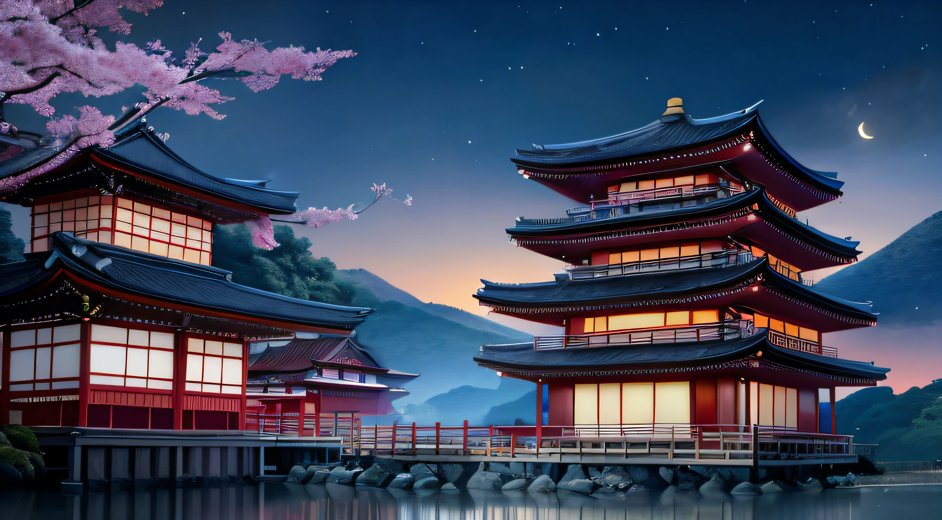 A photo taken from a computer screen in a Japanese village, Beautiful rendering of the Tang Dynasty, traditional japanese concept art, akihiko yoshida. illusory engine, beautiful anime scenes, japanese town, inspired by Kanō Hōgai, Beautiful digital artwork, 8K high quality detailed art, Beautiful wallpaper, Moonlight snow, Anime background art, digital painting of a pagoda
