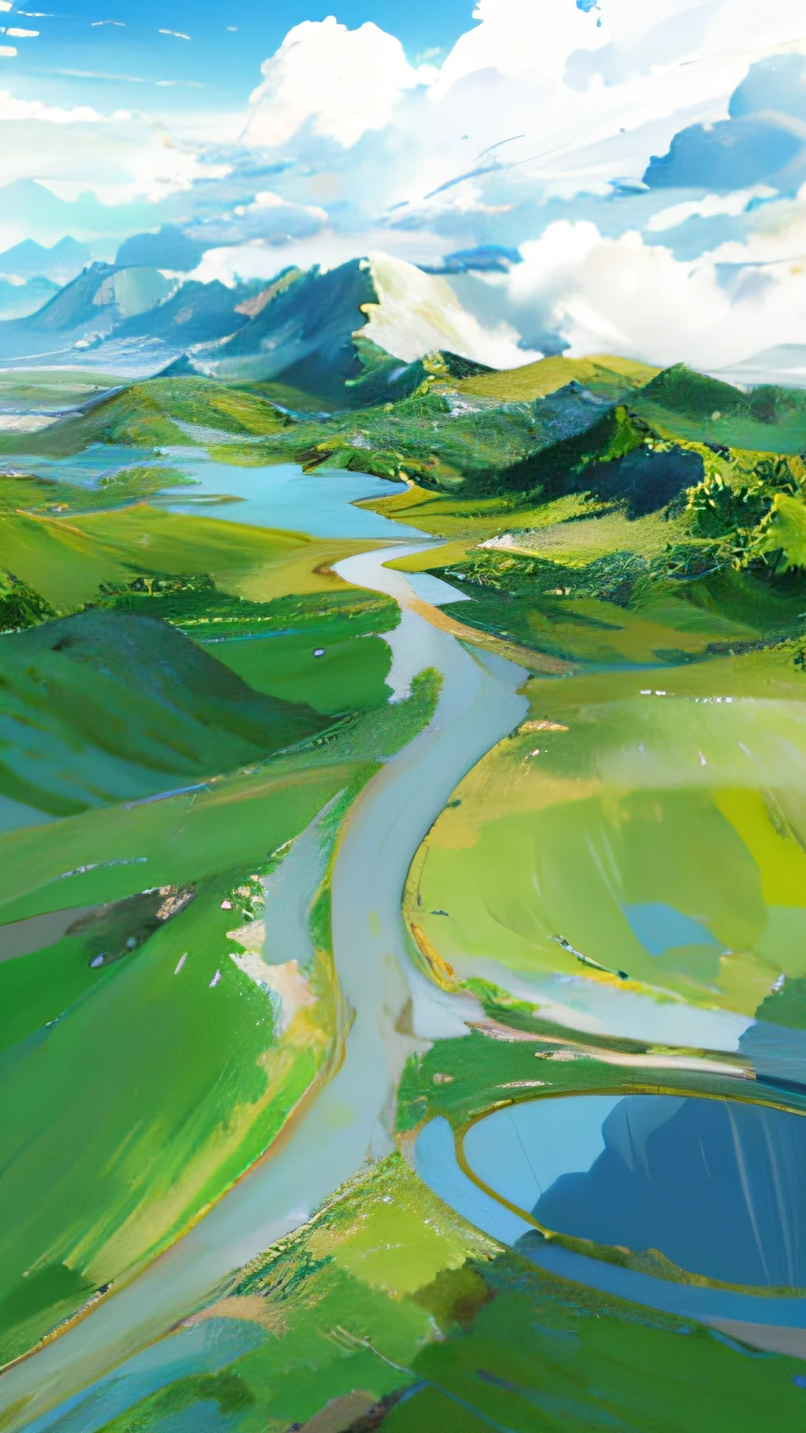 There is a painting of the distant mountains of the steppe，Beautiful sea of clouds，The vast sky，Large grasslands，the moving visual effects，Colorful natural light。