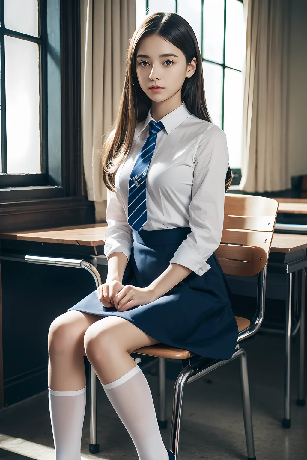 masterpiece、Hyper-Realism、超A high resolution、high definition detail、depth of fields、Full body of woman sitting on chair studying at school、White blouses、Dark blue tie、Dark blue skirt、White tri-fold socks、Black shoes