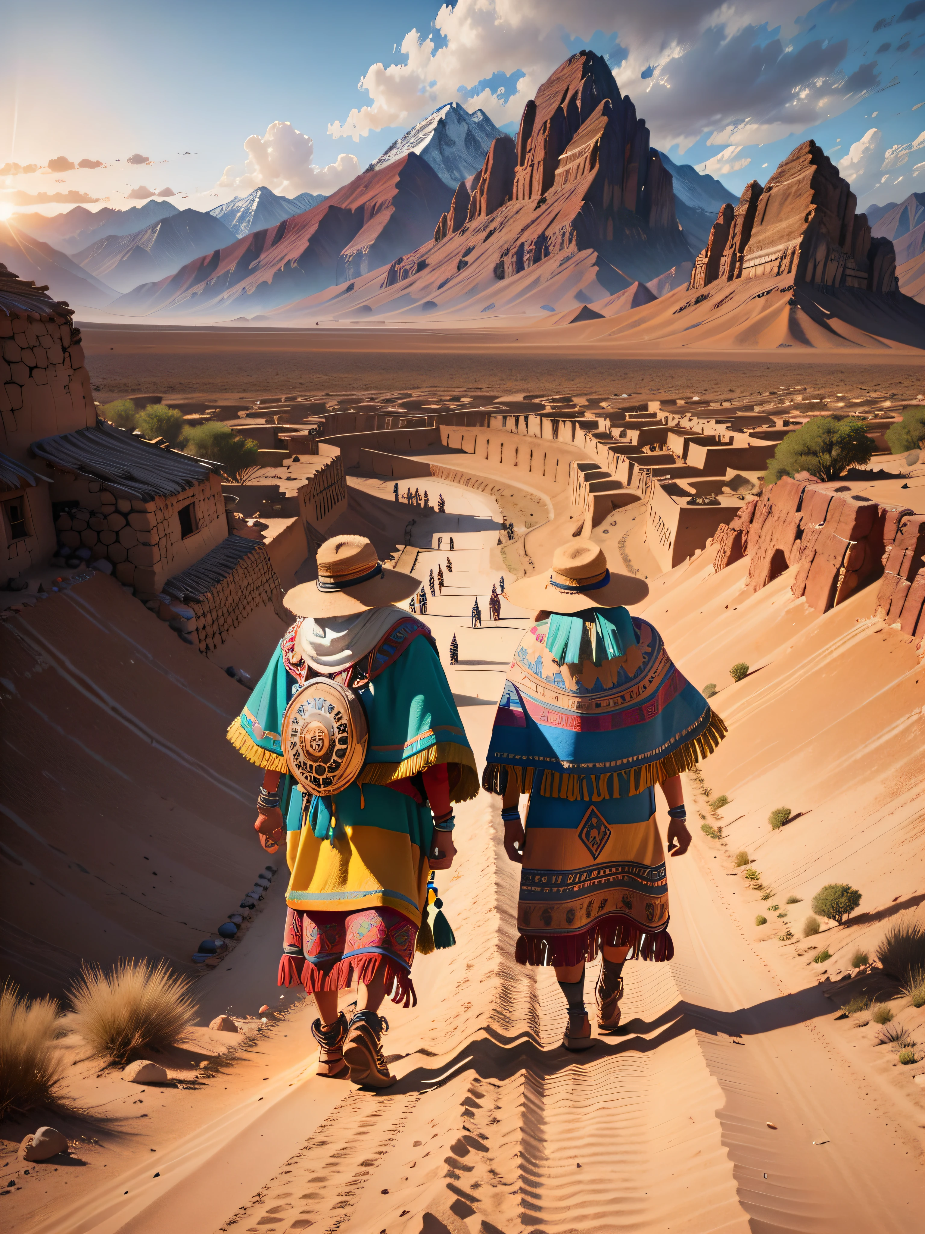 Group of Inca aborigines in the desert walking towards the mountain at sunset the sun is setting, realistic, high intricate details, colorful clothing, full bodies, 16k