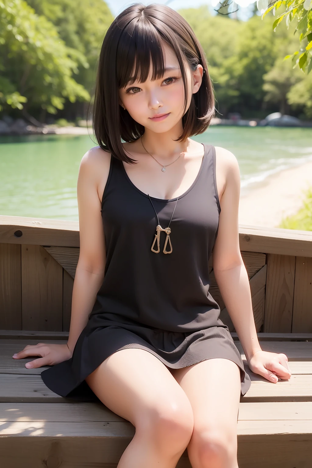 On a quiet forest lake, Sitting on the boat, Young woman looking here, A dark-haired, One lady, summer clothing, a miniskirt, sleeveless, smile, light smile, full-face blush, short hair, hair ribbon, first-person view, UHD, masterpiece, ccurate, anatomically correct, textured skin, high details, super detail, high quality, highres, highres, best quality