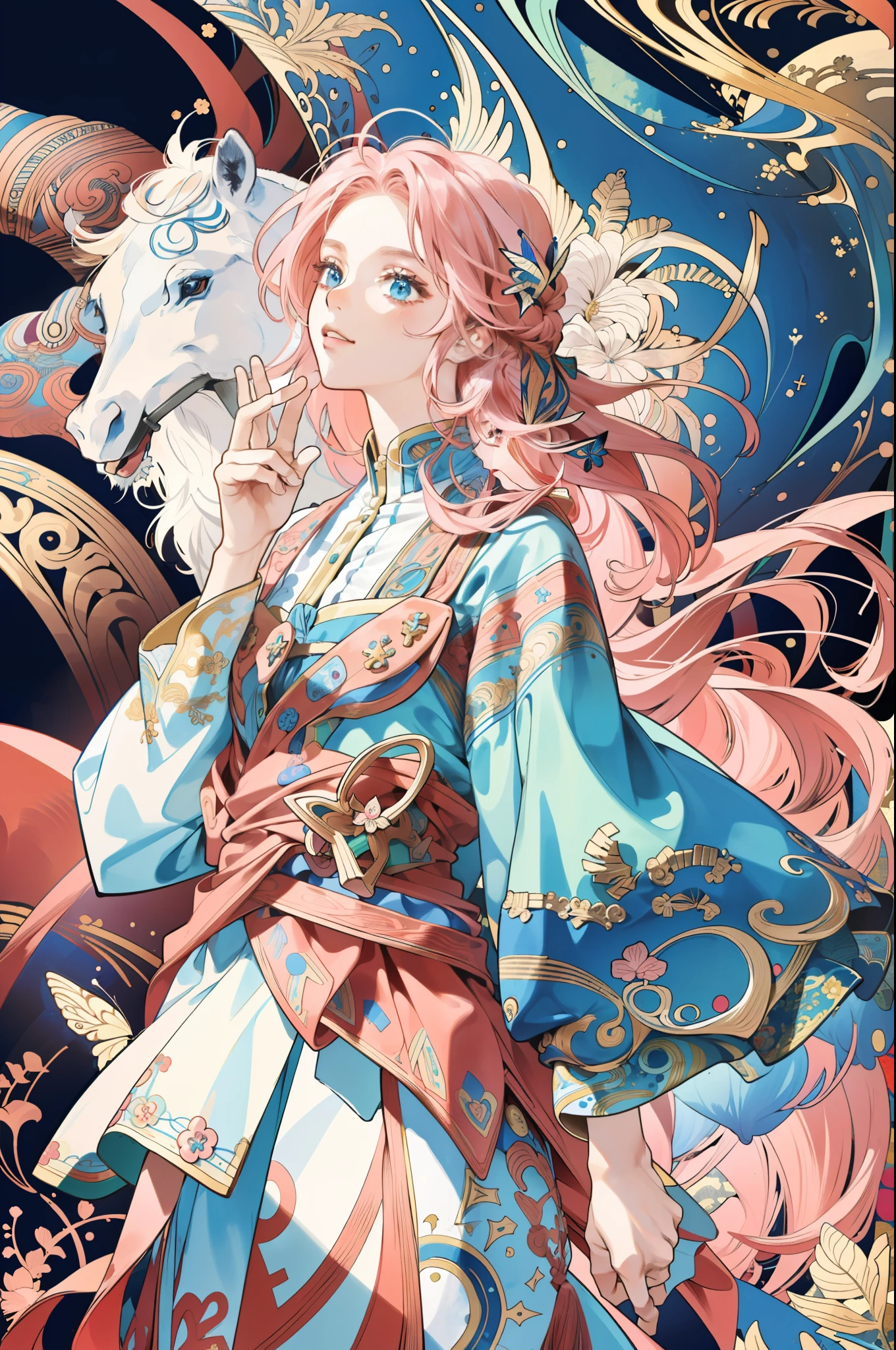 ((masterpiece:1.2、top-quality)), ultra-detailliert, Ultra-precise depiction, Ultra-detailed depiction, (Zentangle:1.2), (dynamicposes), (Abstract background:1.5), wavy and long hair, A pink-haired, 1girl in, colourfull, portraitures、A lot of butterflies