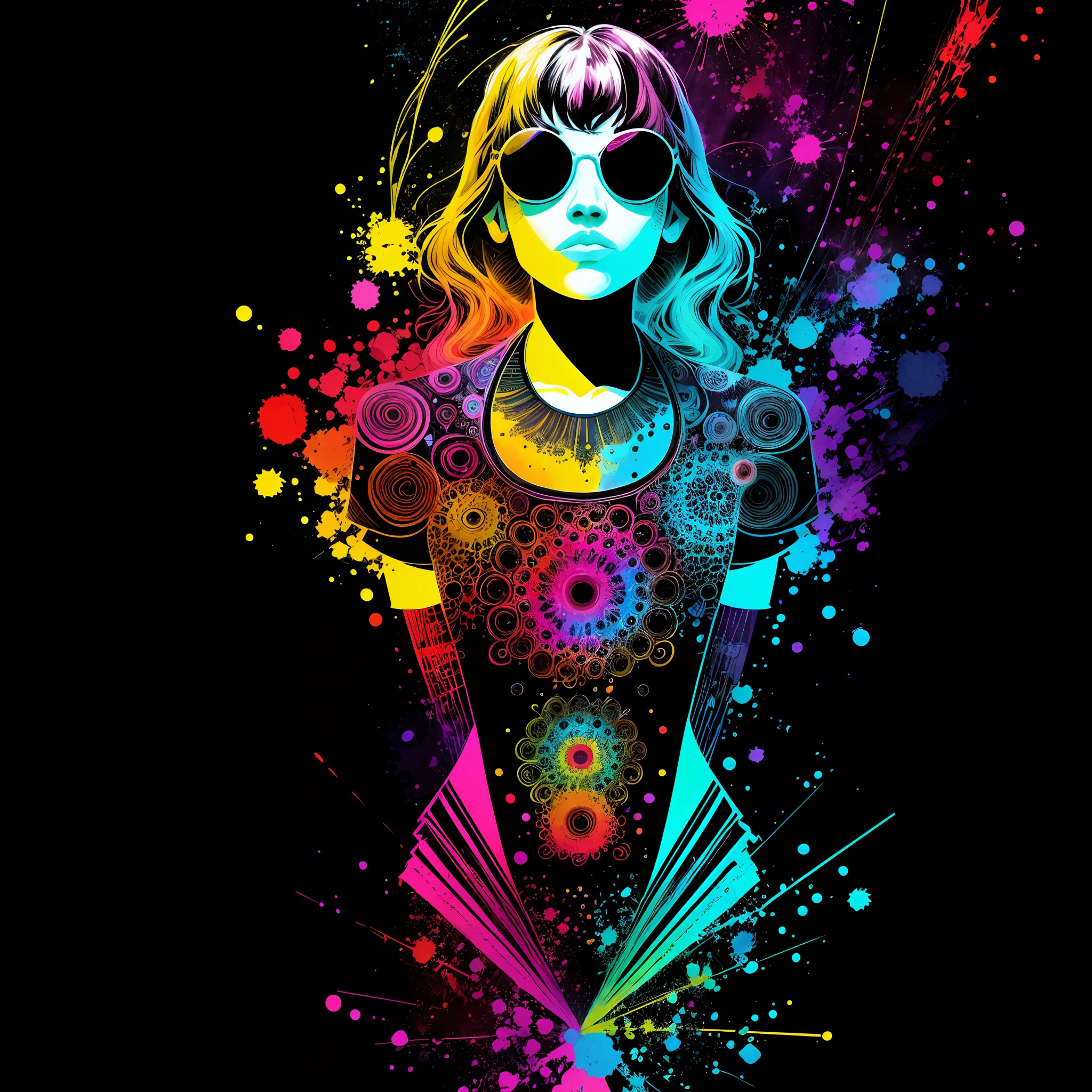 in the style of 0mib，T-shirt design,Bikini girl bust，Colorful，Prismatic fragments，Doodle lines，Reflect fractal circles，ink spatter，Melted brushstrokes，particles vortex，dramatic  lighting，high high quality， Beautiful，tmasterpiece