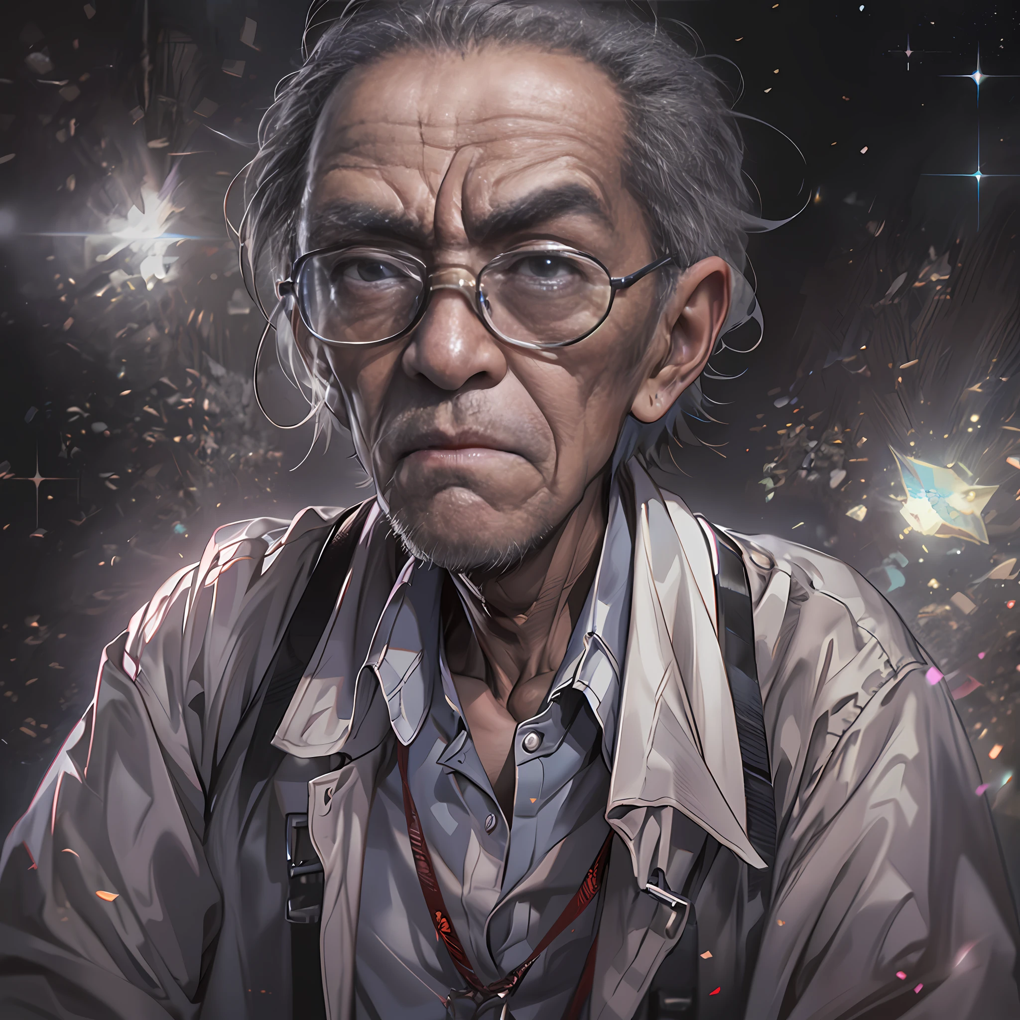 Old professor with eyes,Wear a shirt,Stare in front of the camera,Very angry ,in the style of the stars art group xing xing, 32K, Best quality, Masterpiece, Super detail, High details,