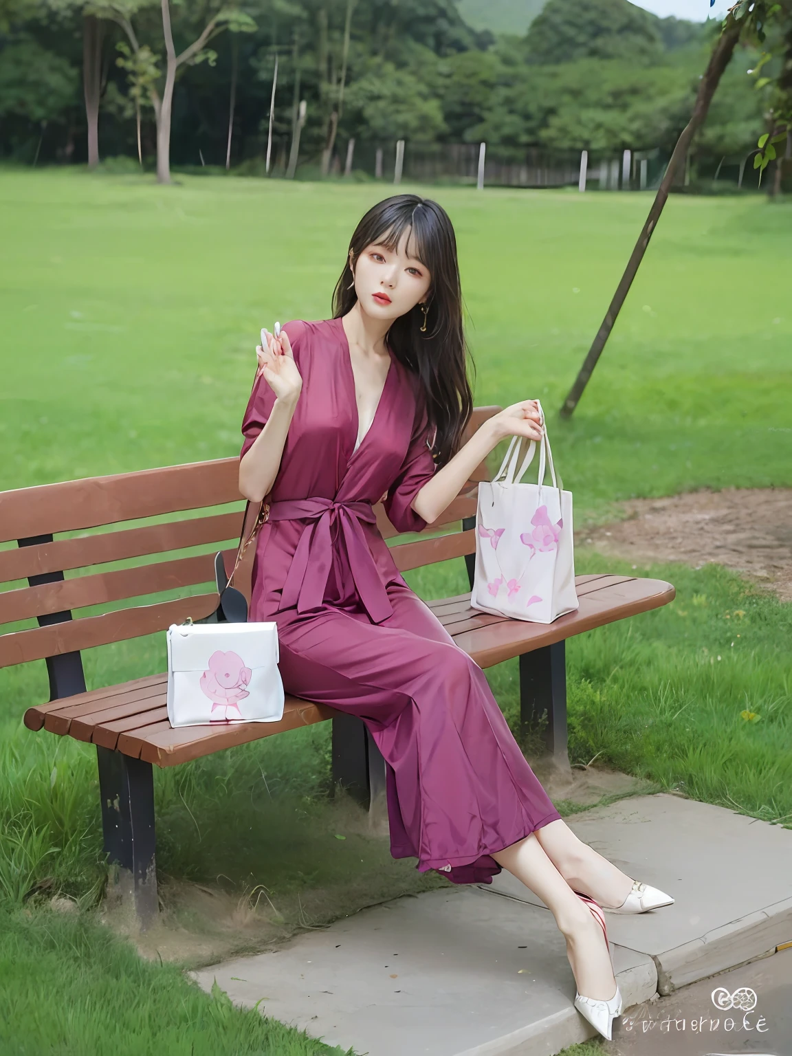 The Arapei woman sat on a bench，Holding bag and phone, red jumpsuit, Gorgeous lady, Open V chest clothes, korean women's fashion model, with a thin waist, Waist high, 240p, Elegant Pose, cute elegant pose, Elegant lady, Femme, Lady, Jumpsuit, in long pink or violet dresses, Stylish, woman model