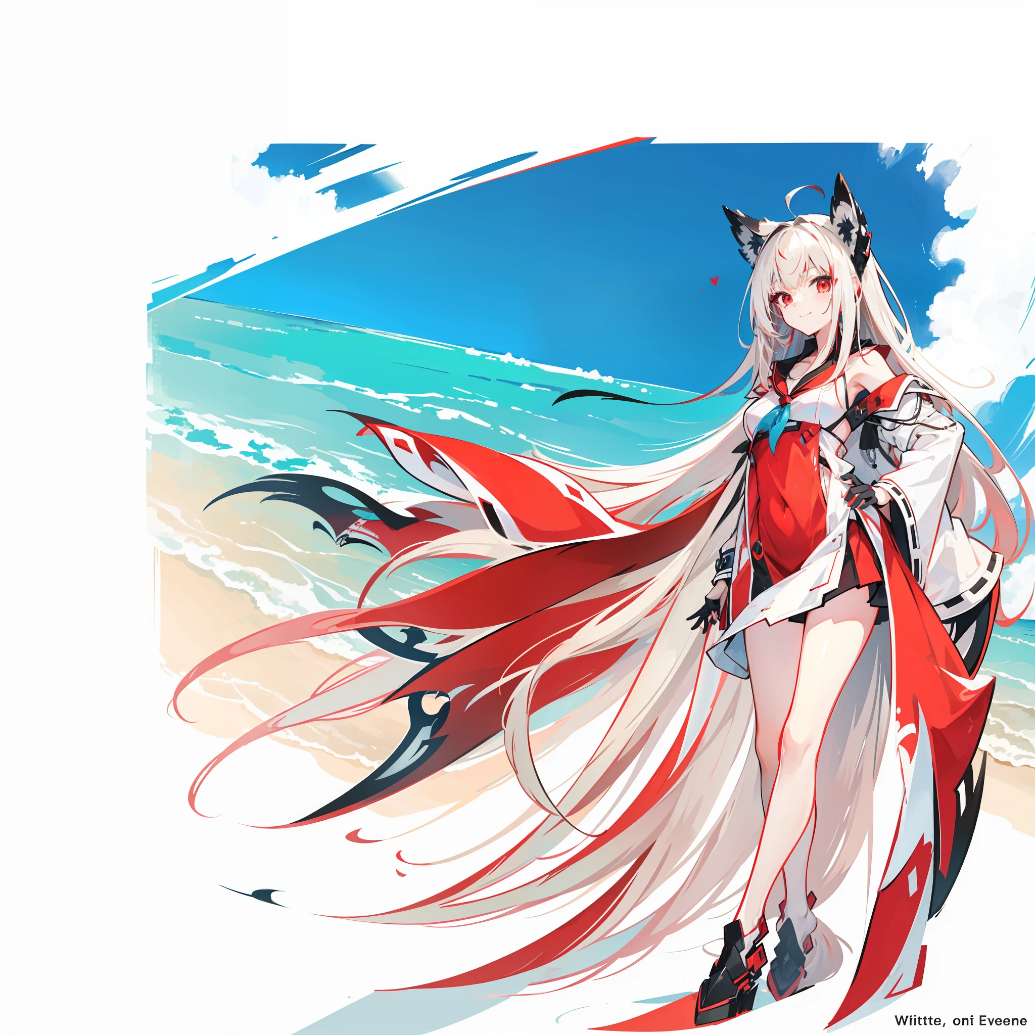 tmasterpiece,cg,whaite hair,quadratic element,long whitr hair,Red clothes,Red eyes,red dress,beachside,bare-legged,sandbeach,Hefty Smile