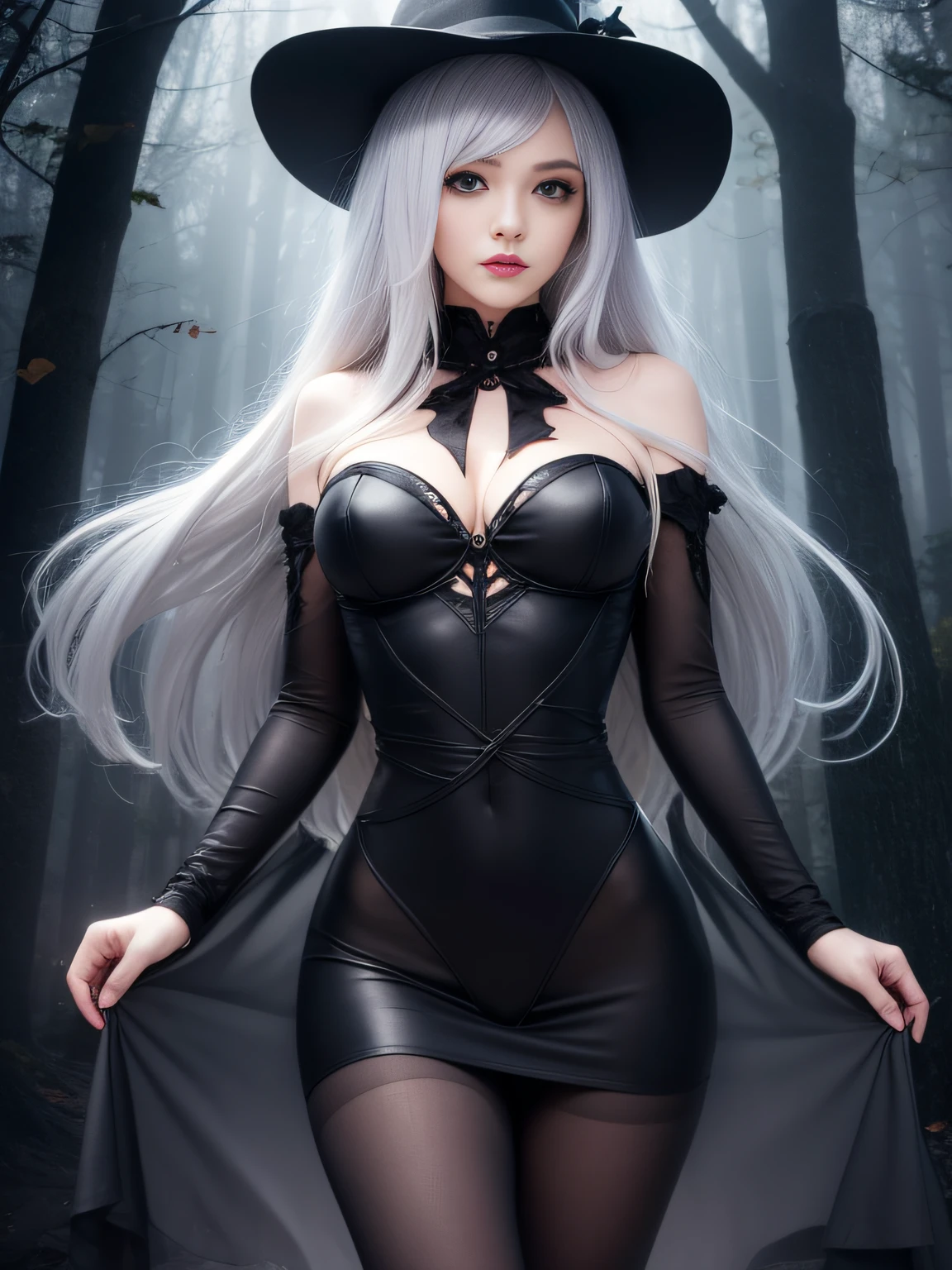 hdr(HighDynamicRange),Ray traching,NVIDIA ,Perfect image quality,Long-haired woman,Slim figure,S-curve,Leg length, appeal,Delicate facial features,High nose bridge,Big eyes,Silver hair,Mature woman,Black bandeau,Forest at night,rays of moonlight,nabel,good finger,Perfect eyes,Cinematic light,Open your eyes slightly,Pantyhose,Long black dress, Gothic ,Fog was thick,(torn laundry:1.5), (wetclothes:1.4)