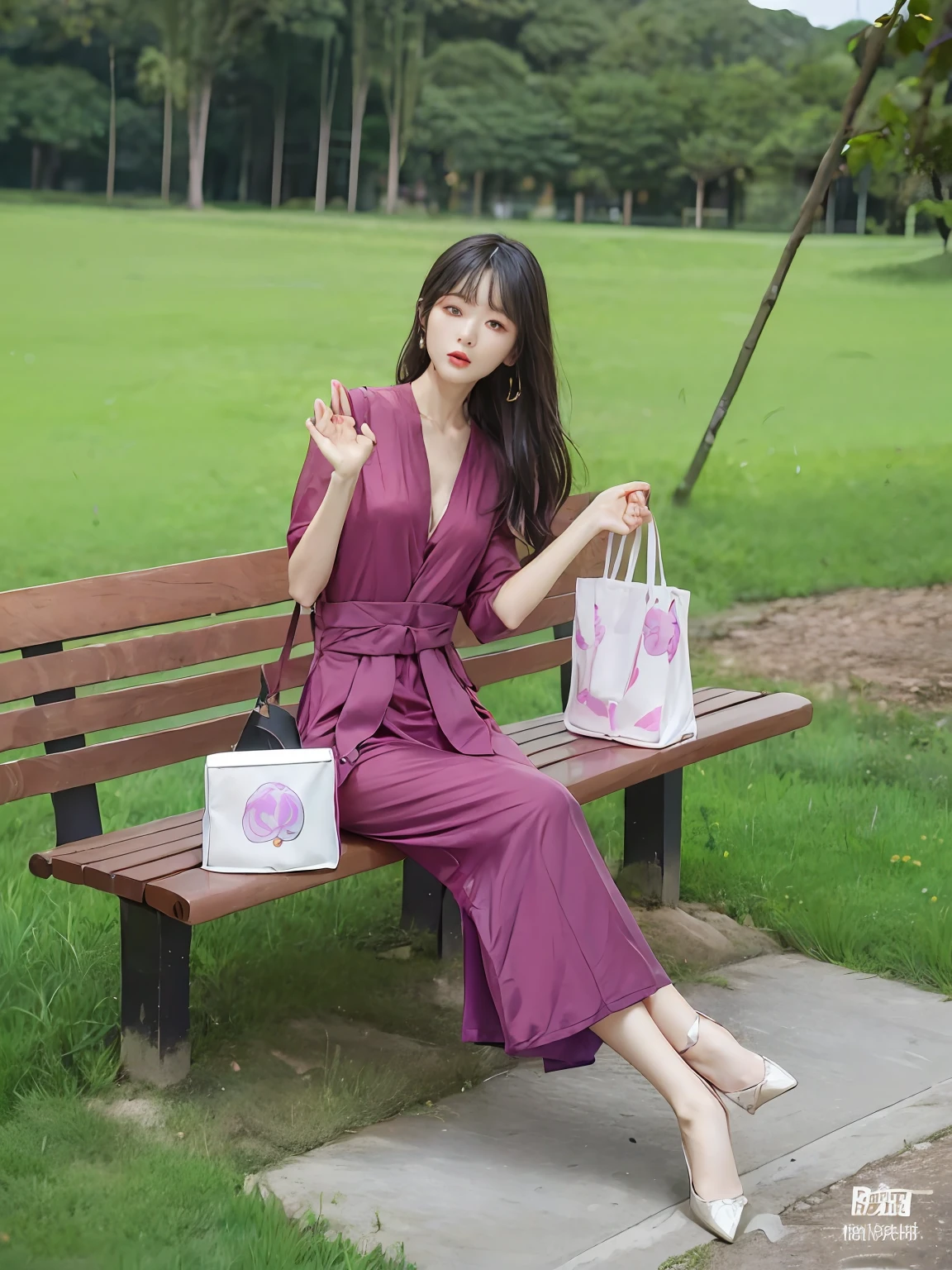 The Arapei woman sat on a bench，Holding bag and phone, red jumpsuit, Gorgeous lady, Open V chest clothes, korean women's fashion model, with a thin waist, Waist high, 240p, Elegant Pose, cute elegant pose, Elegant lady, Femme, Lady, Jumpsuit, in long pink or violet dresses, Stylish, woman model