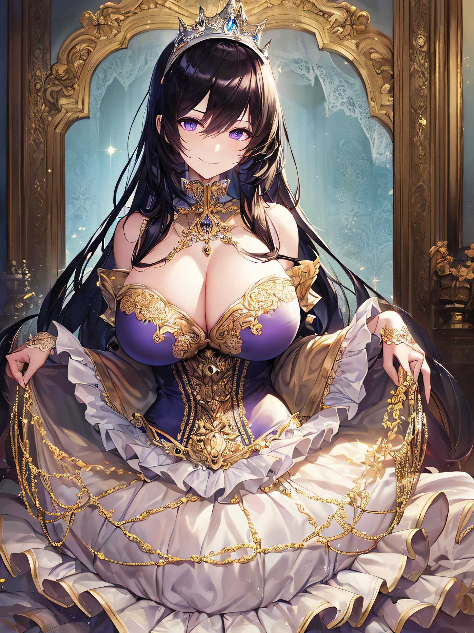 ((anime artstyle)),(Masterpiece),(Best Quality), (Super Detail),((Very Delicate and Beautiful)),((Solo)),((full body)),(((1 arrogant princess in gorgeousfull random color rococo dress))),(Purple eyes),Sharp eyes,detailed face and eyes,jewel-like eyes,(((arrogant))),(((haughty smile))),dominant pose,((voluminous Very Long Hair,Straight Hair)),black hair,((Bangs between eyes)),((gigantic tits,Long tits)),curvy,skindentation,((gorgeousfull embroidery and lace)),gorgeous corsage,See-through,gorgeousfull hair ornament,gorgeousfull glitter jeweled tiara,ornate ruffles,((full body)),((hoop skirt,crinoline)),Dynamic Angle,Looking at viewer,(((gorgeousfull random color rococo dress)),full body