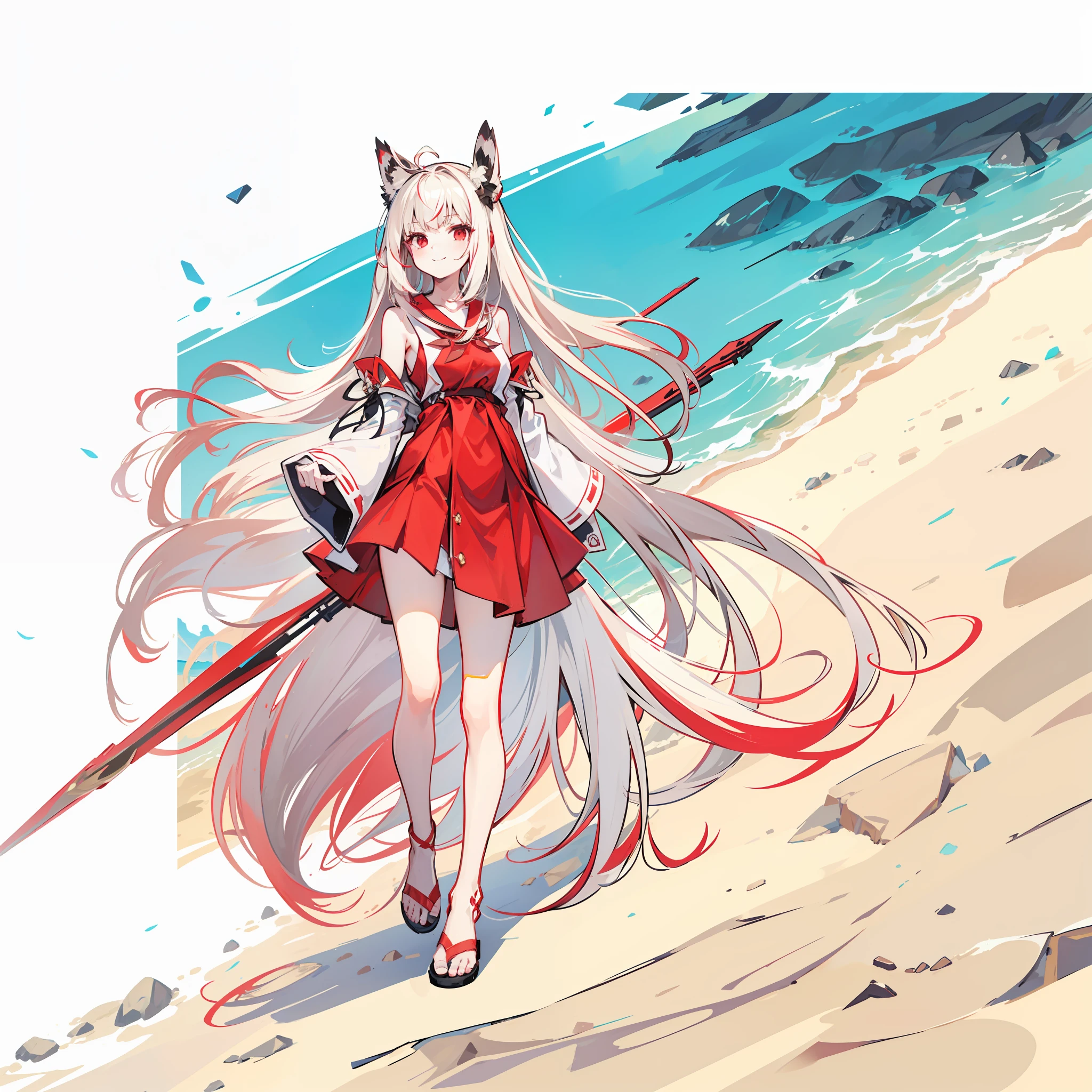 tmasterpiece，cg，whaite hair，quadratic element，long whitr hair，Red clothes，Red eyes，red dress，beachside，bare-legged，sandbeach，Hefty Smile
