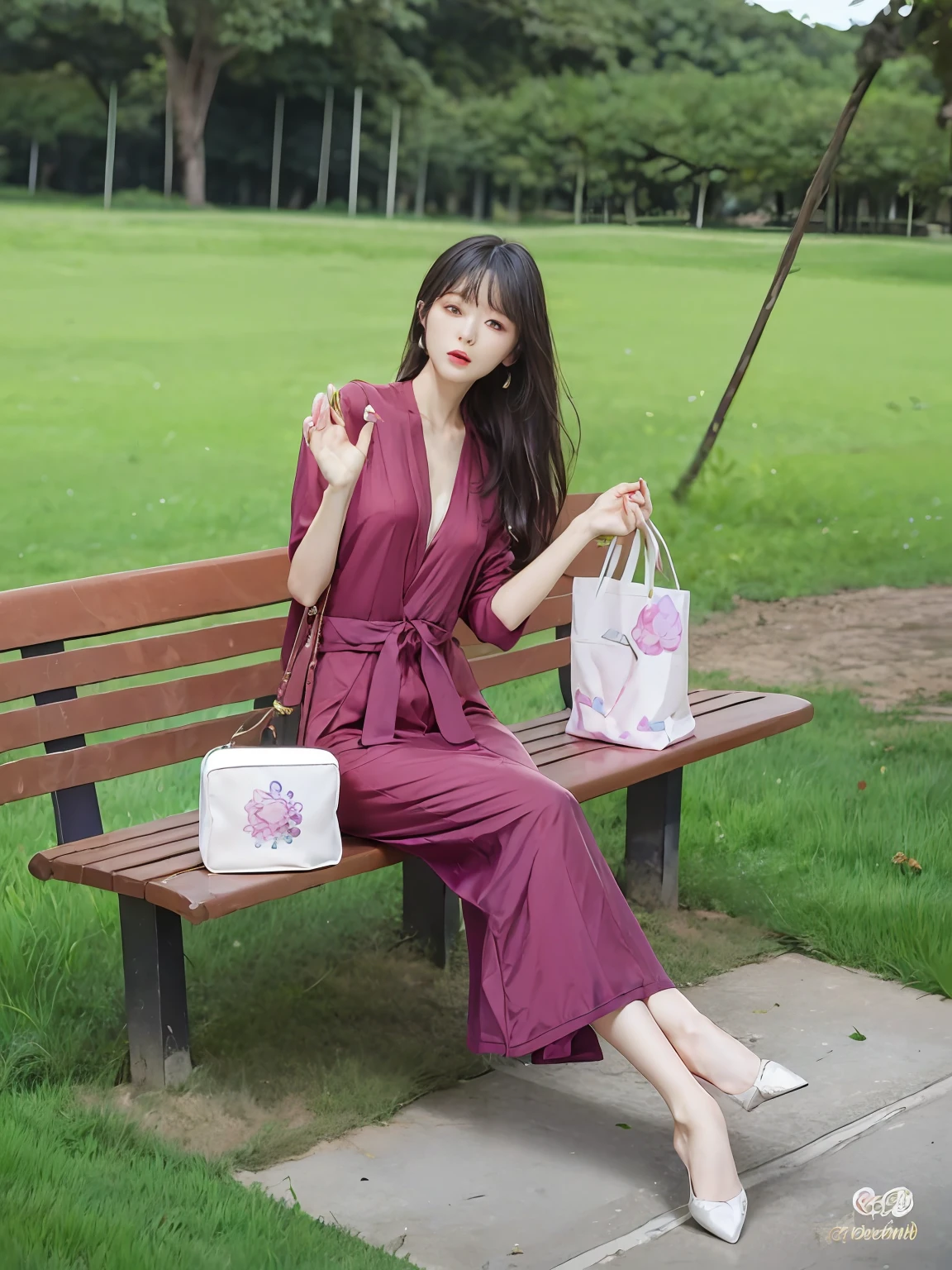 The Arapei woman sat on a bench，Holding bag and phone, red jumpsuit, Gorgeous lady, Open V chest clothes, korean women's fashion model, with a thin waist, Waist high, 240p, Elegant Pose, cute elegant pose, Elegant lady, Femme, Lady, Jumpsuit, in long pink or violet dresses, Stylish, woman model