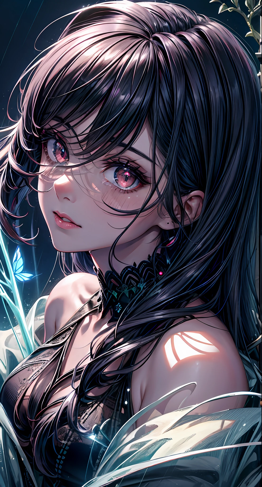 illustration, cinematic light, highres, highest quallity, ultra detailed, detailed face, (detailed eyes), best quality, hyper detailed, masterpiece, (detailed face), clean face, sexy mature woman wears transparent (torn) cloths, floating cloth, see through, choker, open cloths, nsfw, high heels, red eyes, neon tiny glowing hair ends, dark fantasy forest, glowing plants with neon details, dark magic, (portal:1.15) to the underworld in the background, light reflection, heart shaped iris, playful eyes, open shoulder, rain, (wet body), tiny glowing butterfly, hair jewery,(masterpiece), best quality, ultra-detailed, an extreme close-up of an eye, crisp details, intricate lines, vivid colors, bright highlights, dark shadows, sparkling reflections, depth of field, mesmerizing beauty.