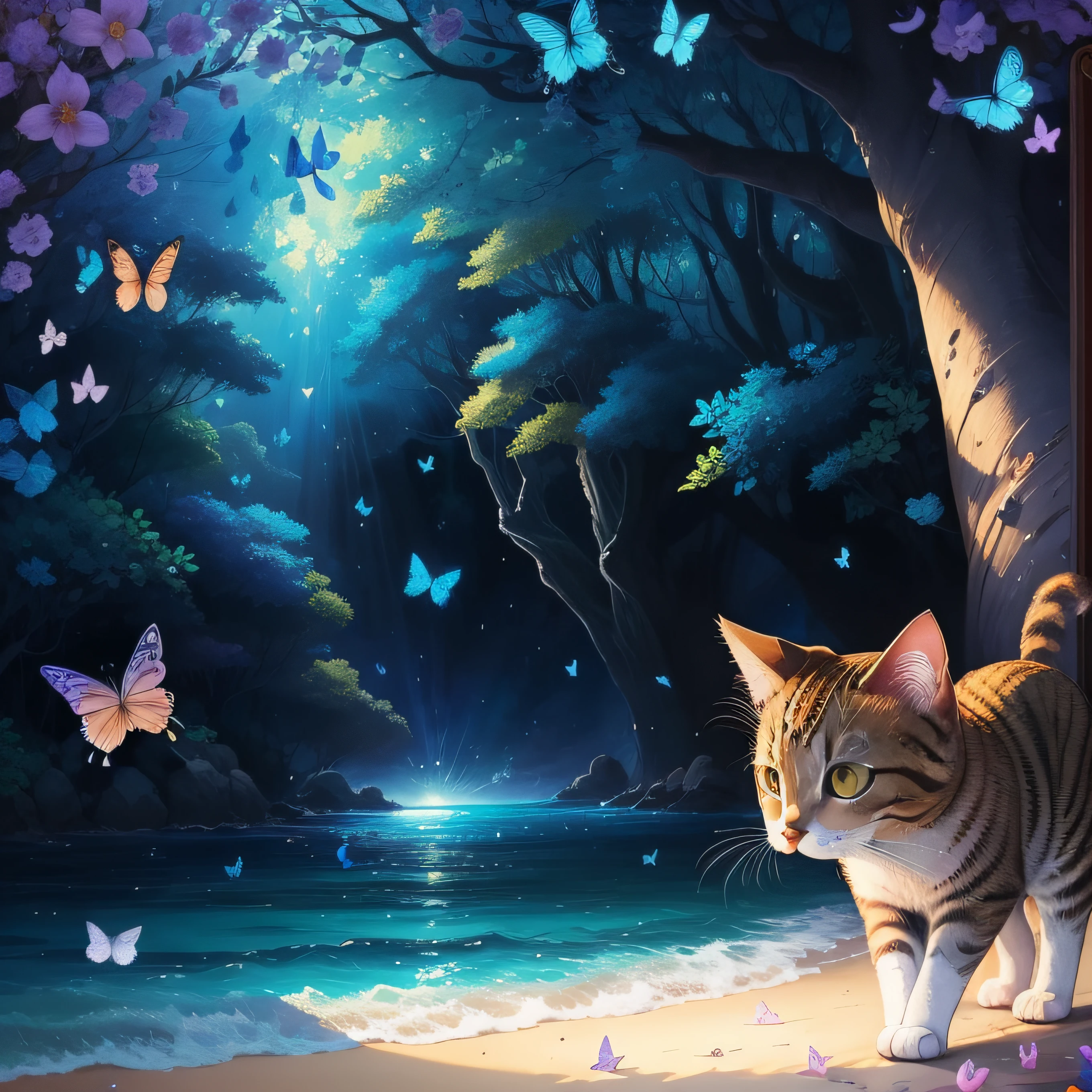 Cat frolicking with butterflies、Cat close-up、Cat close-up、Magical、ultra-detailliert、Super masterpiece、vivd colour、colourfull、One Cat、lithe body、round and clear eyes、round and clear eyes、Iridescent eyes、Iridescent eyes、Super masterpiece、vivd colour、colourfull、Rich colors、exquisitedetails、Colorful beaches