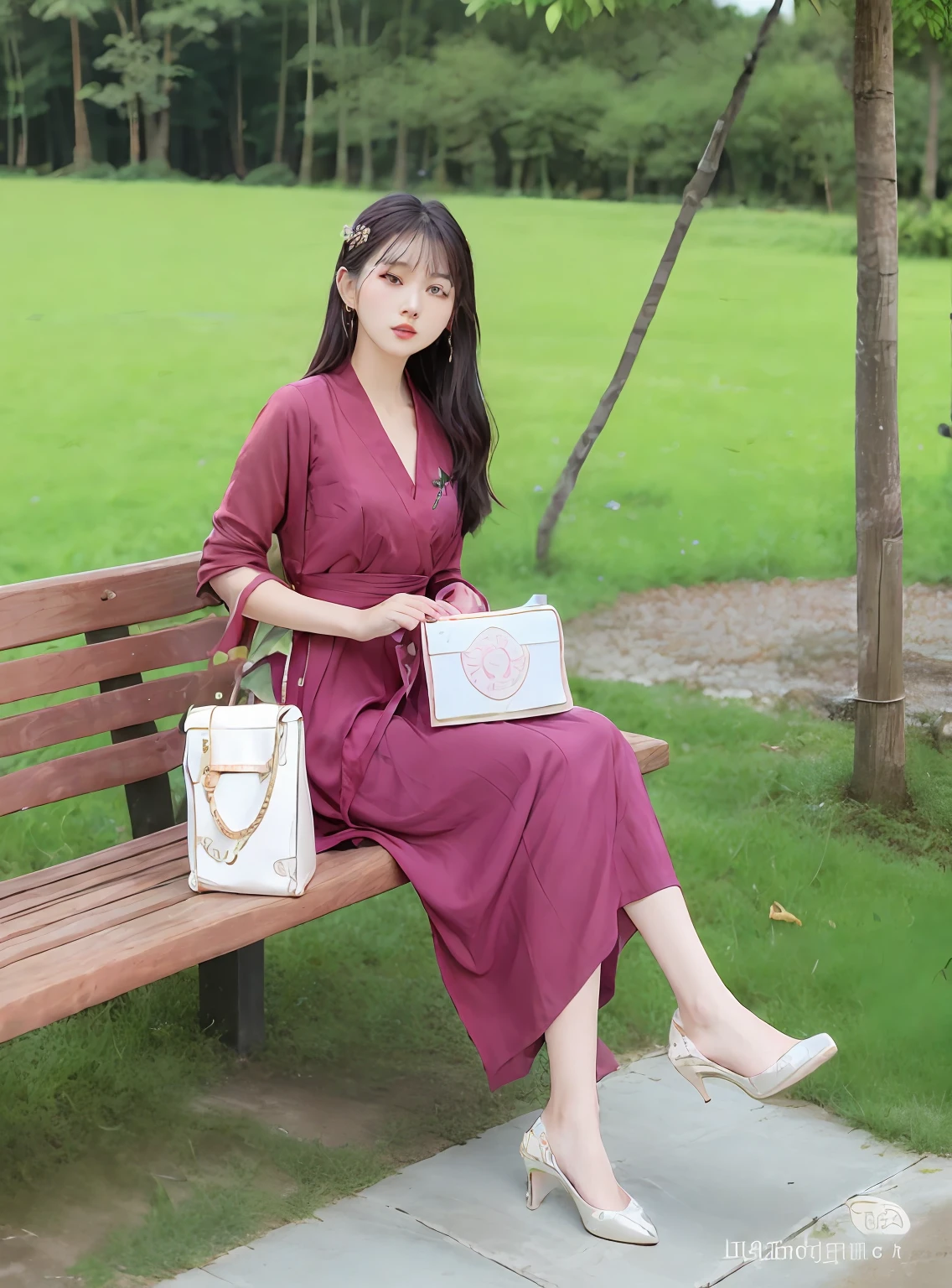 The woman sits on a bench,Holding a bag and a wallet, Women's long skirt, soft silk dress, Elegant Pose, korean women's fashion model, Gorgeous lady, Elegant lady, cute elegant pose, beautiful lady, woman model, Dressed in elegant dresses, Lady, Elegant dress, photoshoot, in long pink or violet dresses, bautiful, Long dress, Actress