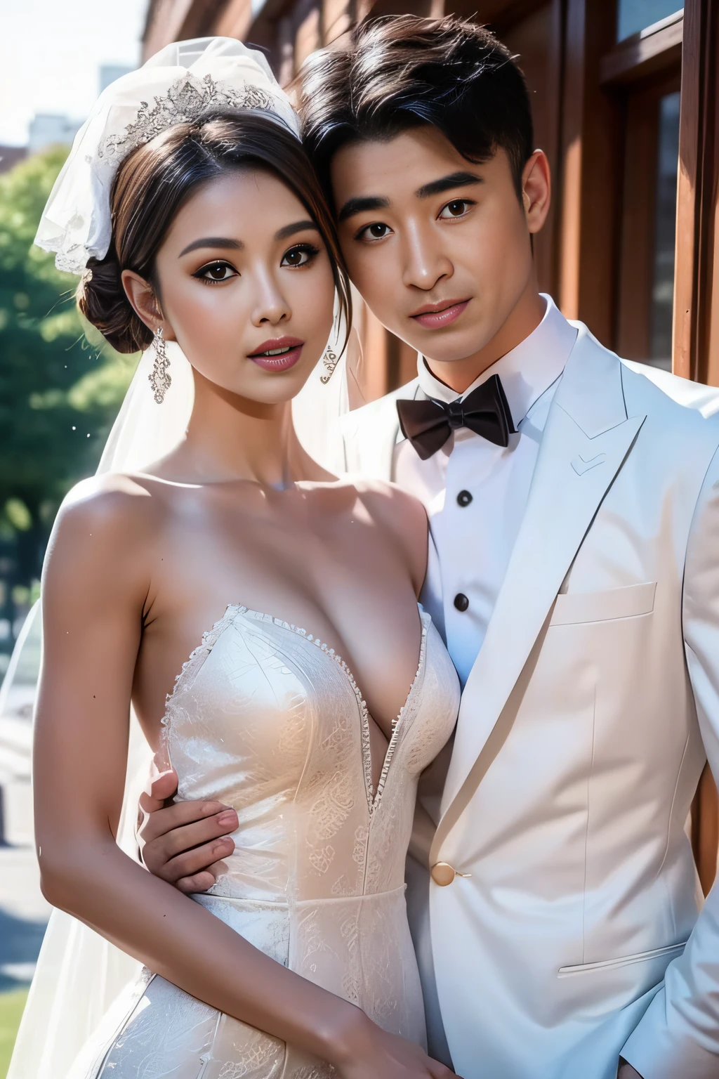 Fashion model 20 years old [[[[closeup cleavage]]]], [[[[boobgasm]]]], [[[[coll]]]], [[[[bshoulders]]]], perfect  eyes, Perfect iris，Perfect lips，perfect teeth，Perfect skin，Soft front light，hdr，A couple，wedding gown，Masculine man in suit，Gentle lady in wedding dress，Lady is slender face，slender nose；（pastel colour：1.2）
