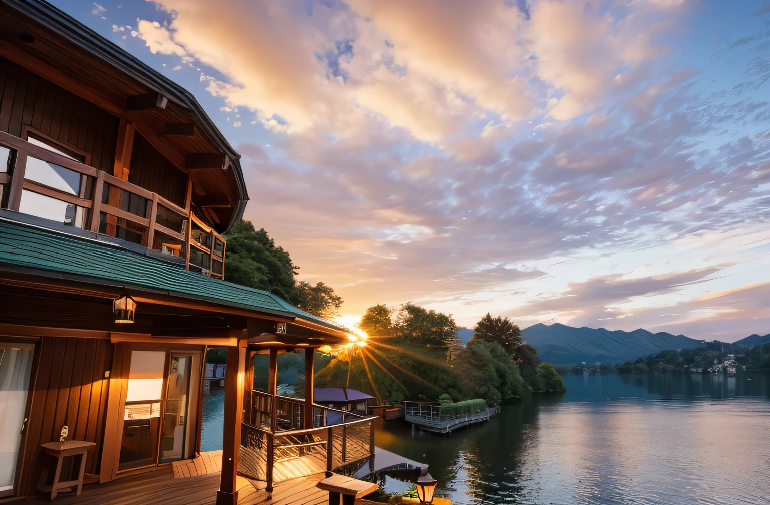 "On the wooden deck，Benches by the lake，A woman leaning against the railing，Lakeside villas，Sunset，Shot with Sony A7R camera"