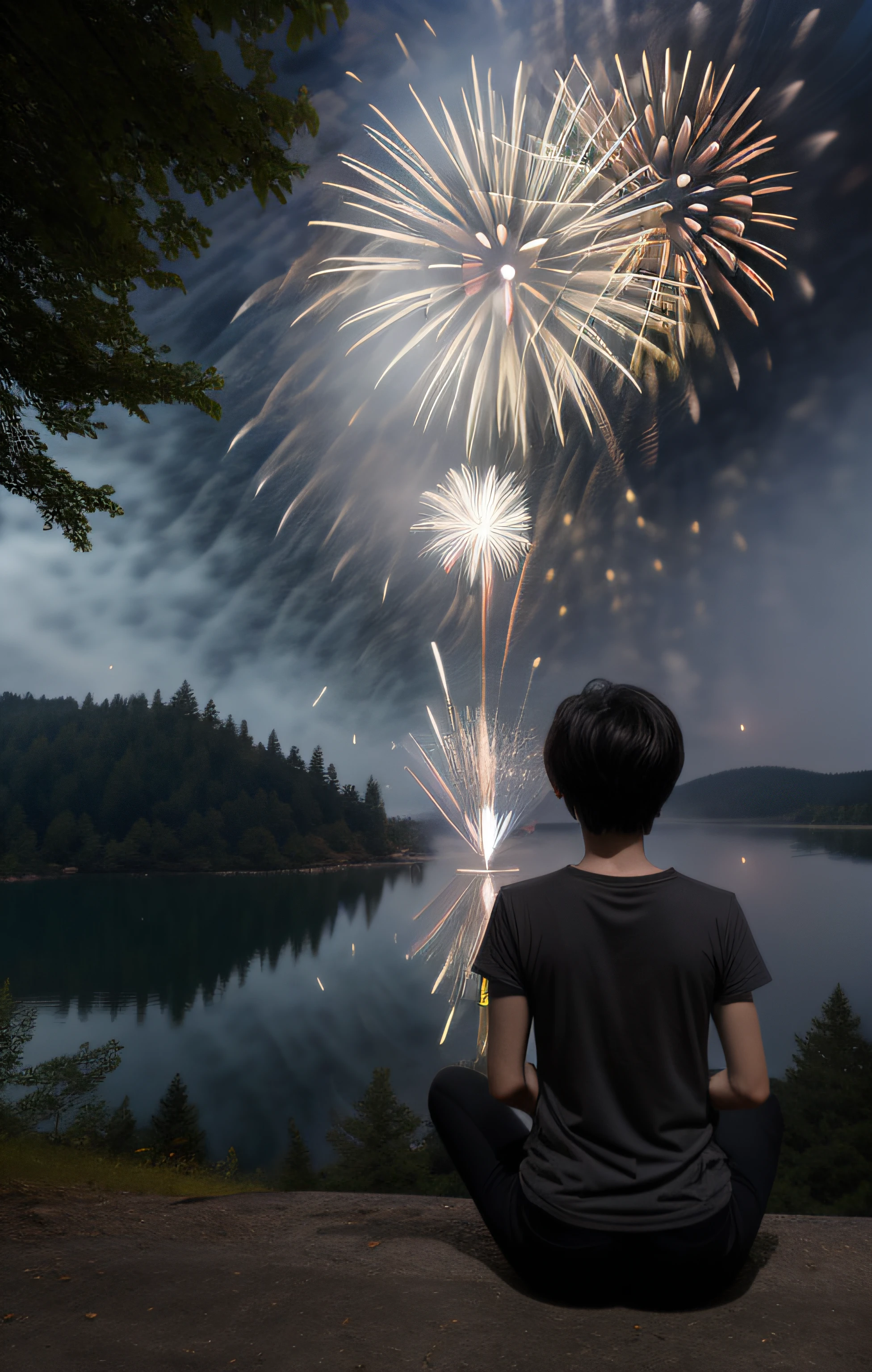 ​masterpiece、top-quality、posterior view、One girl、short-hair、A dark-haired、posterior view、(silhuette)、Dark Grey T-Shirt、Black Skinny Pants、(Sit on the ground)、((Physical education sitting))、(natta:1.5)、((Amazing fireworks))、forest clearing、by lake、on a hill、