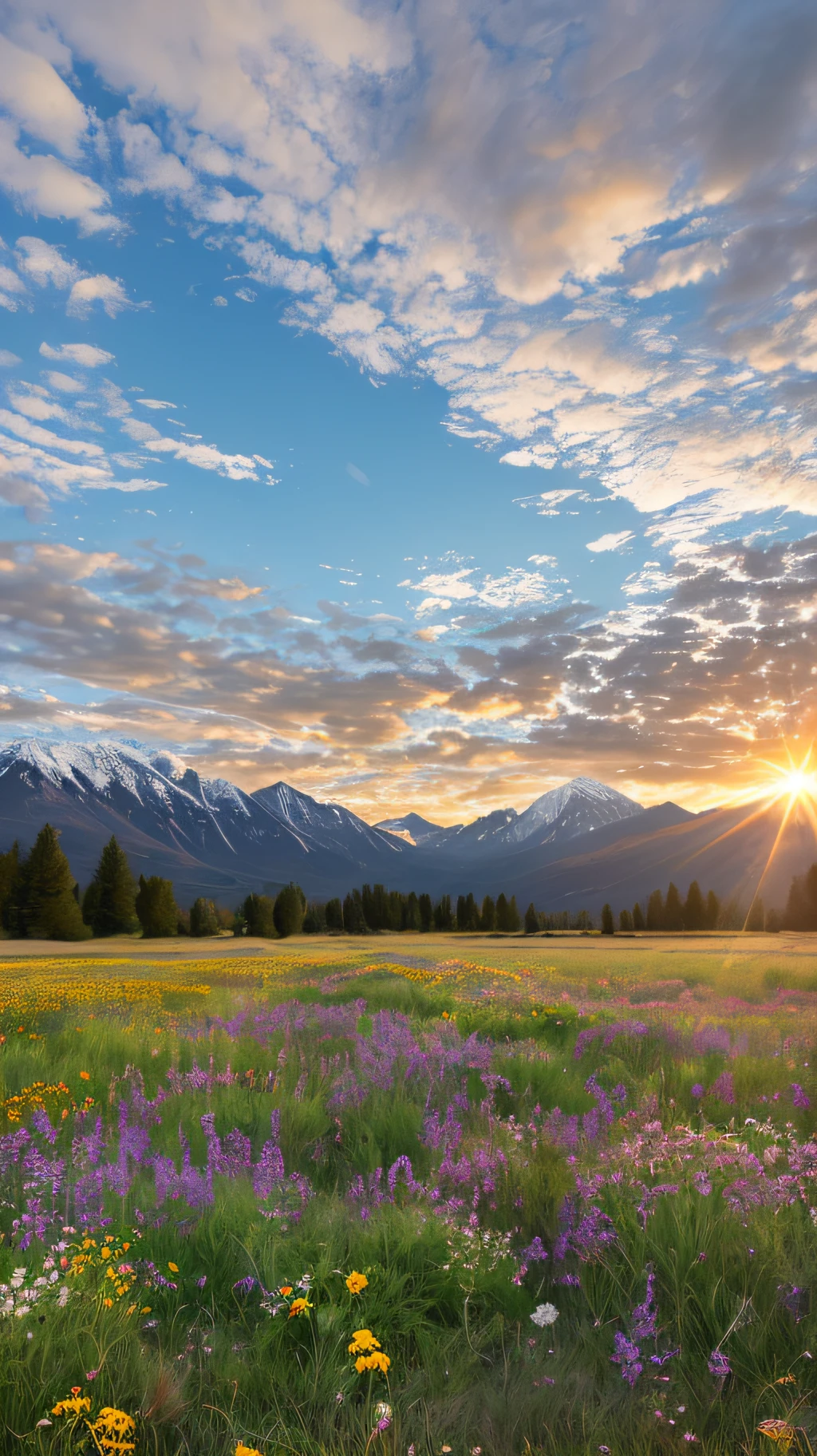 Grasslands, wildflowers, rivers, distant snow-capped mountains, sky, large stretches of clouds, sunset, light penetrating clouds to the ground, wide-angle lens shot