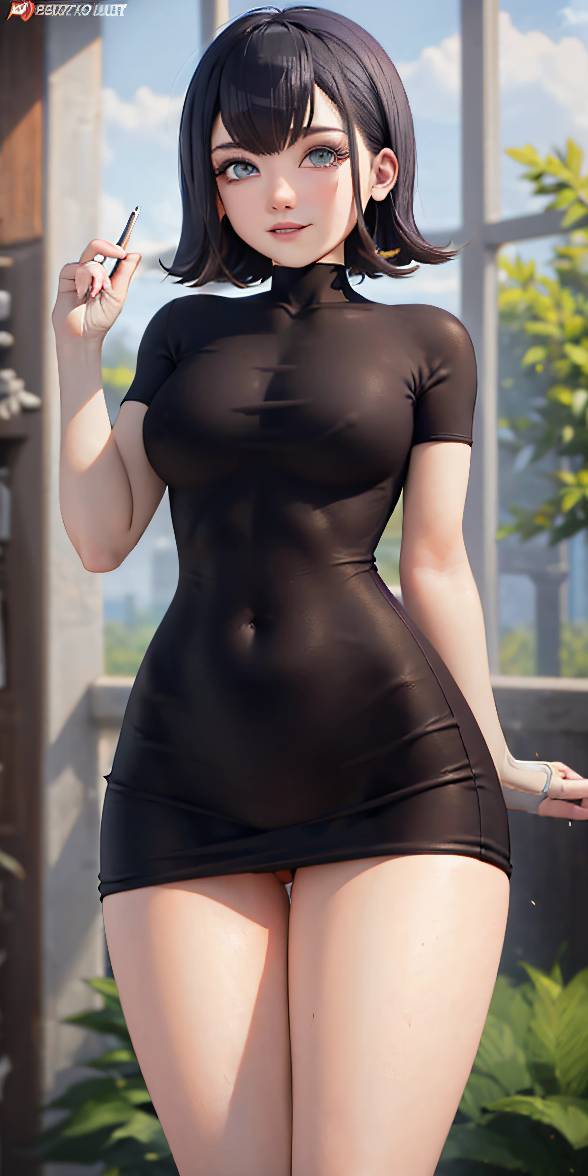 (obra-prima, melhor qualidade: 1.2), tiro de cowboy, solo, 1girl, mavis dracula, sexy, de costas, lingerie preta, lingerie detalhada, vestido preto, coxas listradas, super sexy, show calcinha,calcinha aparecendo, Asymmetrical legs
