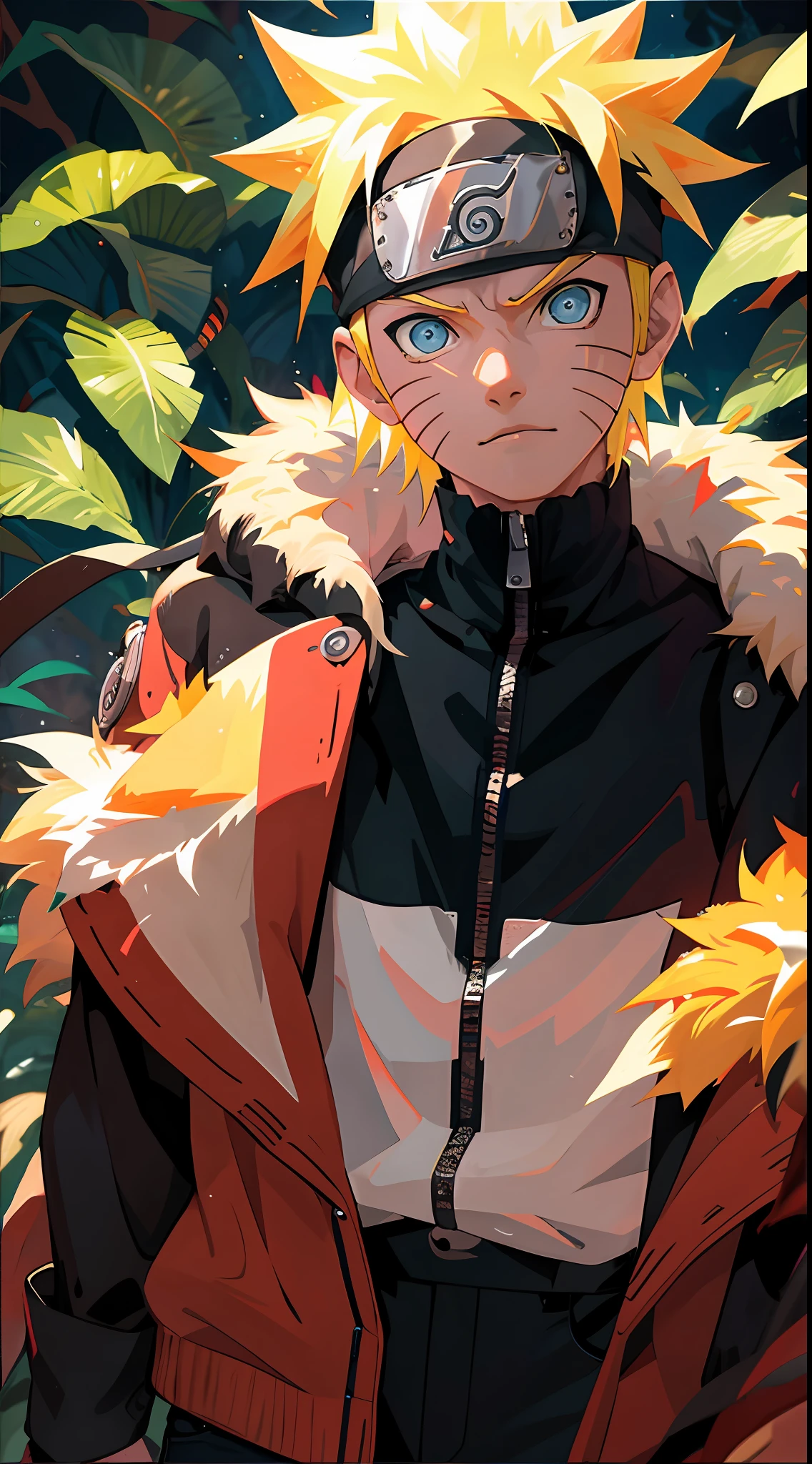 portrait, neon, 1 boy, shonen style, spiky blonde hair, scratches on cheeks, black and red clothing, leather jacket, jeans, boots, bandana, cool, blue eyes, full body, color --name Naruto Uzumaki --jungle background with exotic animals and colorful plants