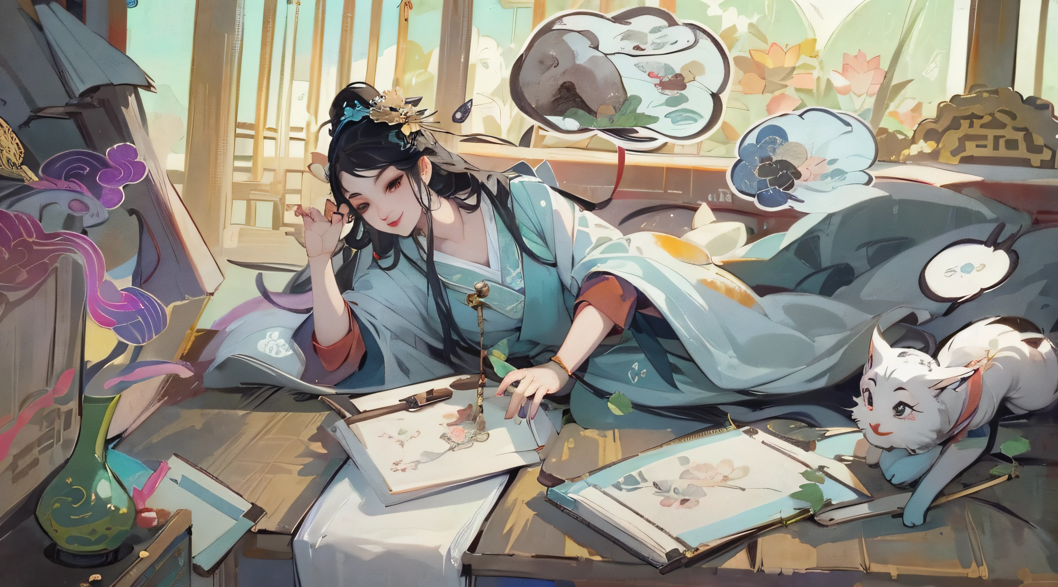 ((4k,masterpiece,best quality)), shuimobysim, traditional chinese ink painting, lotus, hanfu, maxiskit, dress conservatively 1girl, solo, long blue hair, smile, standing, feet in the water, barefoot,