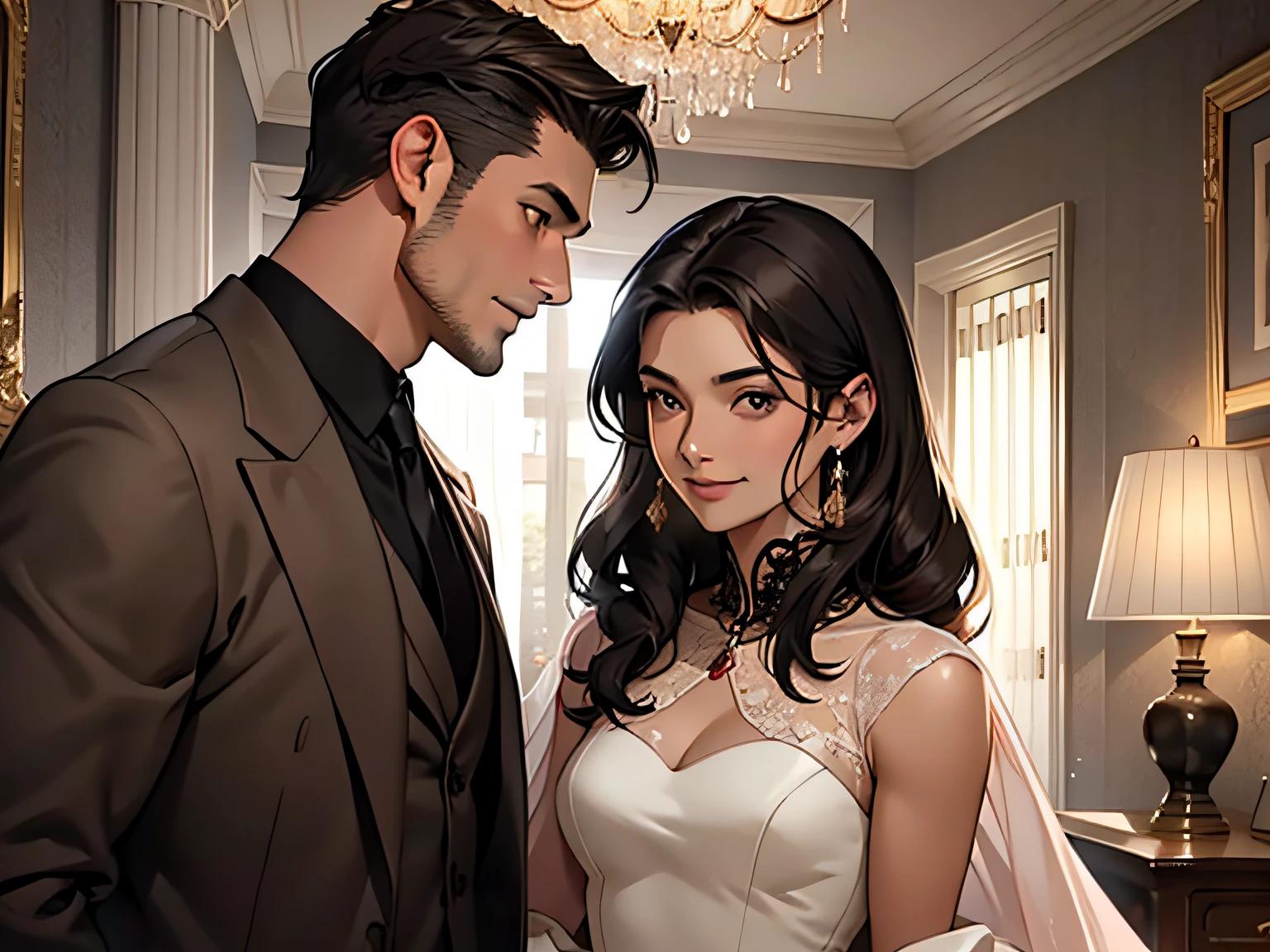 Master, masterpiece, 8K wallpaper, CG, super high picture quality, light and shadow effects
(A handsome man in a brown suit with short black hair) holding (an elegant woman in a pale pink full-length dress with long black hair) : 1.6
Face close-up, happy and happy: 1.5
Close-up display
Deluxe Villa, Room, desk, double bed, dresser