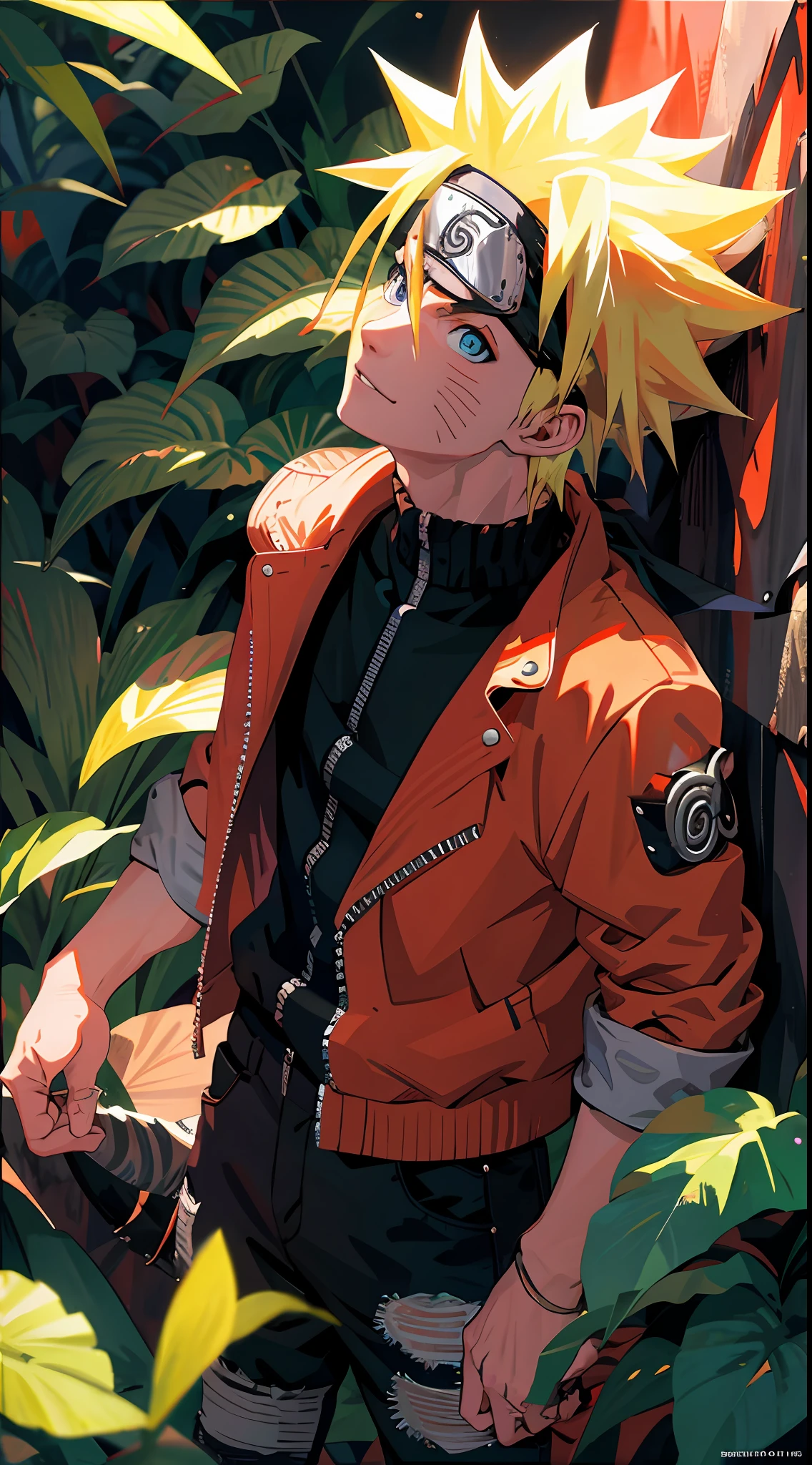 portrait, neon, 1 boy, shonen style, spiky blonde hair, scratches on cheeks, black and red clothing, leather jacket, jeans, boots, bandana, cool, blue eyes, full body, color --name Naruto Uzumaki --jungle background with exotic animals and colorful plants