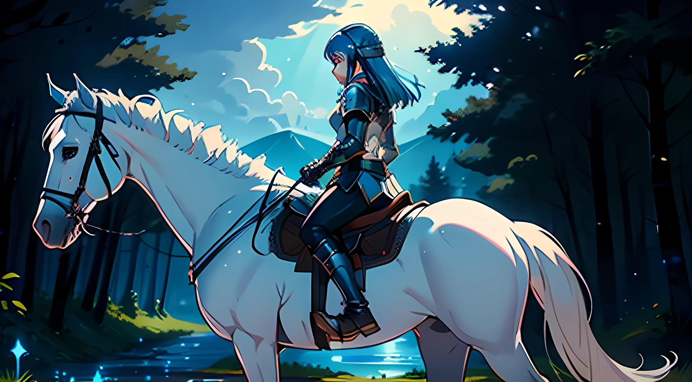 A girl wears armor,mounted on a horse,Look into the distance,The light from the back window is backlighted,blue luminous eyes