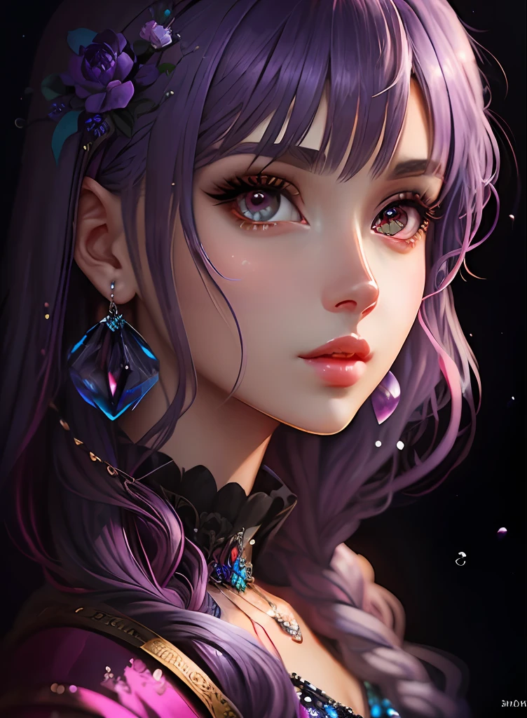 ((top-quality)), ((masterpiece)), ((realisitic)), (detaileds),anime styled、 (1人の女性)Close up portrait of a woman with purple hair、Beautiful shining eyes, Like crystal clear glass、Casual clothing、4K high-definition digital art、stunning digital illustration、Stunning 8K artwork、colorfull digital fantasy art、Colorful and bright、beautiful digital works of art、Colorful Digital Painting、digital anime art、Portrait of beautiful woman、8K HD Digital Wallpaper Art、 Gorgeous Digital Painting