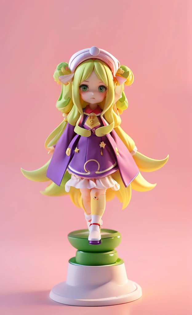 3D model rendering。Trend blind box numbers, Girl,adolable,long whitr hair,Yellow-green eyes,long skirt,Libra,Balance the décor,Star decoration,red necktie,wearing hat,curlies,purple tint