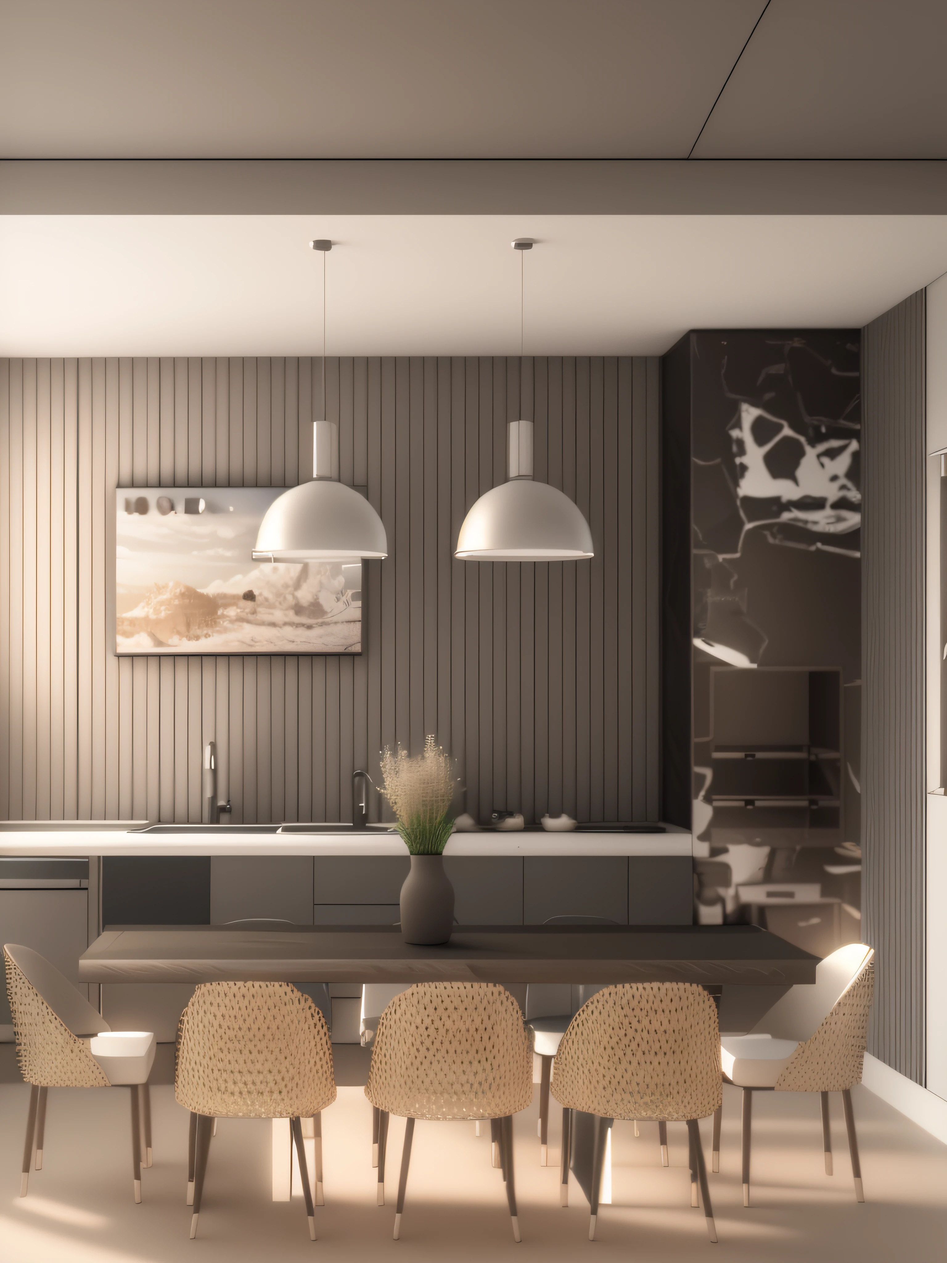 a rendering of a dining room with a table and chairs, kitchenette and conference room, Detailed rendering, digital render, in style of 3d render, 2 d render, 3D rendering, 3D-rendering, concept eclectic, an illustration of a bar/sallon, with 3d render, with 3d render, a digital rendering, Casa Conceito, photographic render