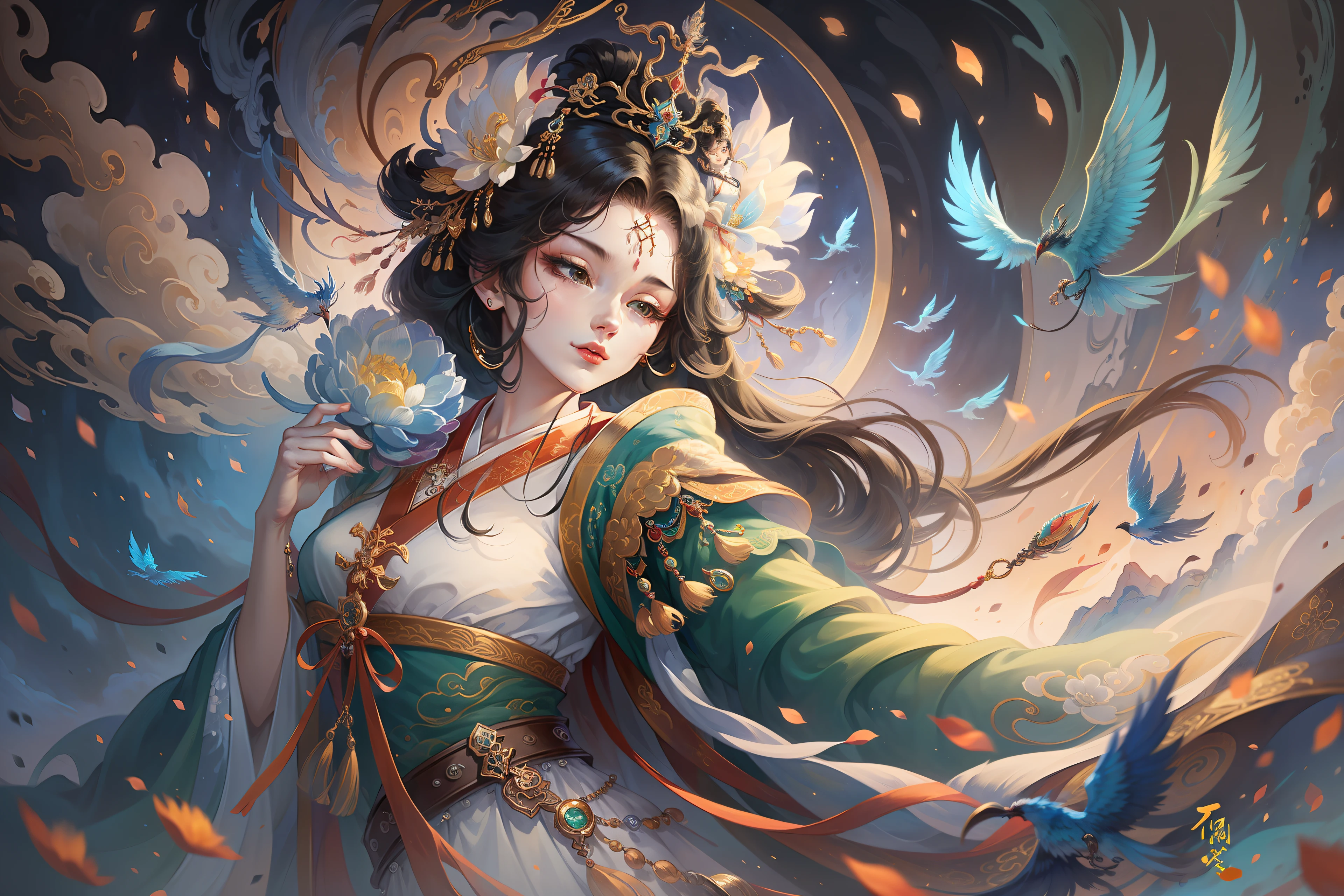 (Best quality, masterpiece:1.2), (High detail, intricate detail, crazy detail:1.2),8k,gufeng,Mural painting,1 girl, black hair, ancient Chinese costume, hanfu, dress, shawl, jewelry, long sleeves, belt, tassel, ribbon, flower, bird, auspicious cloud, flying, A marvelous landscape of the ascension of the goddess, Halo divergence background,Watercolor, Chinese mythology, Dynamic angle, long exposure,Perfect Light and Shadow, Chinese color mural